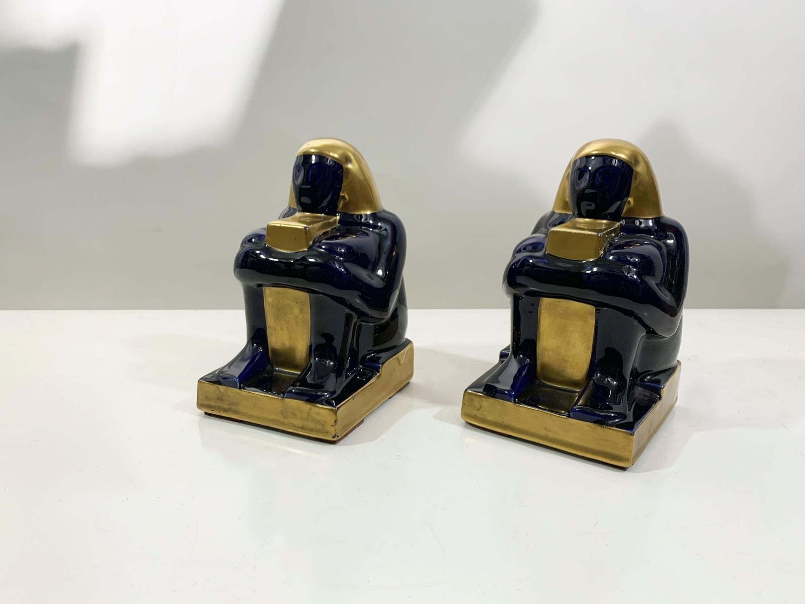 Mid 20th Century French Egyptian Revival Ceramic Bookends In Deep Navy/Goldcolor photo furniture