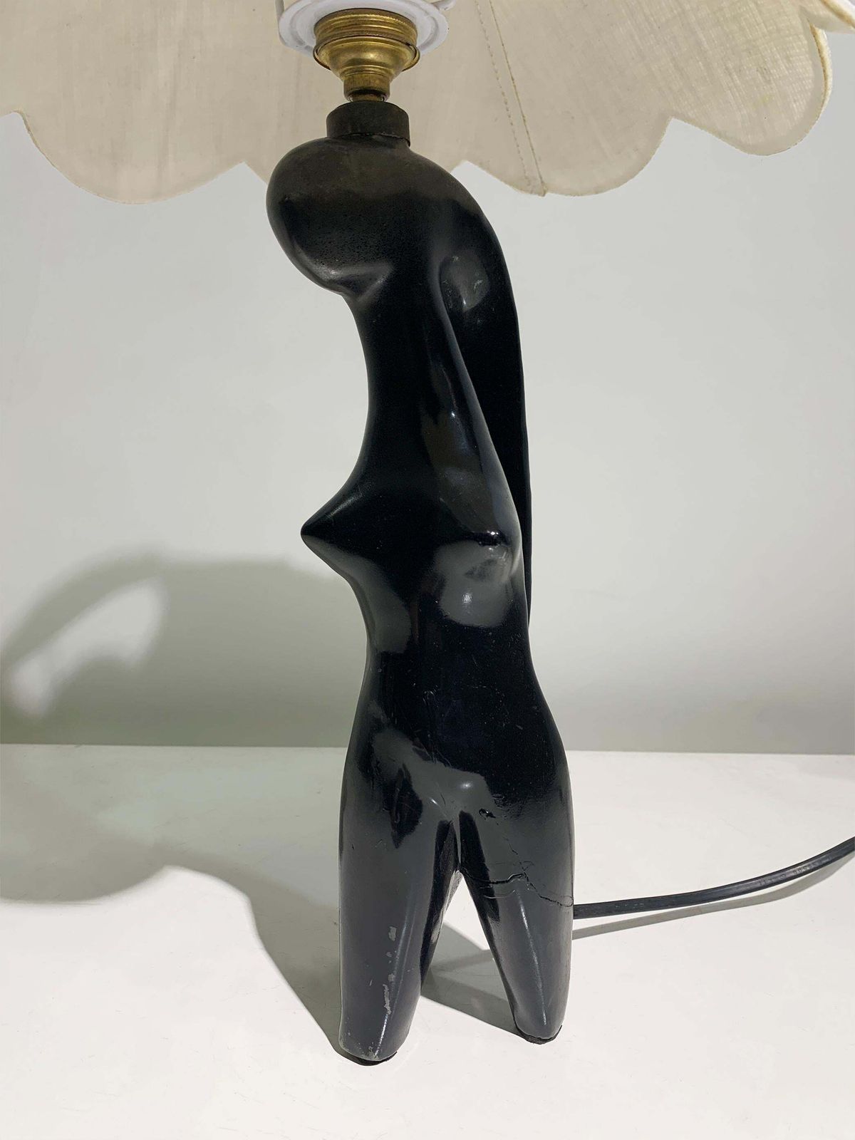 Art Deco Stylized Woman Figure Sculptural Table Lamp In Black Terracotta, France photo vinterior
