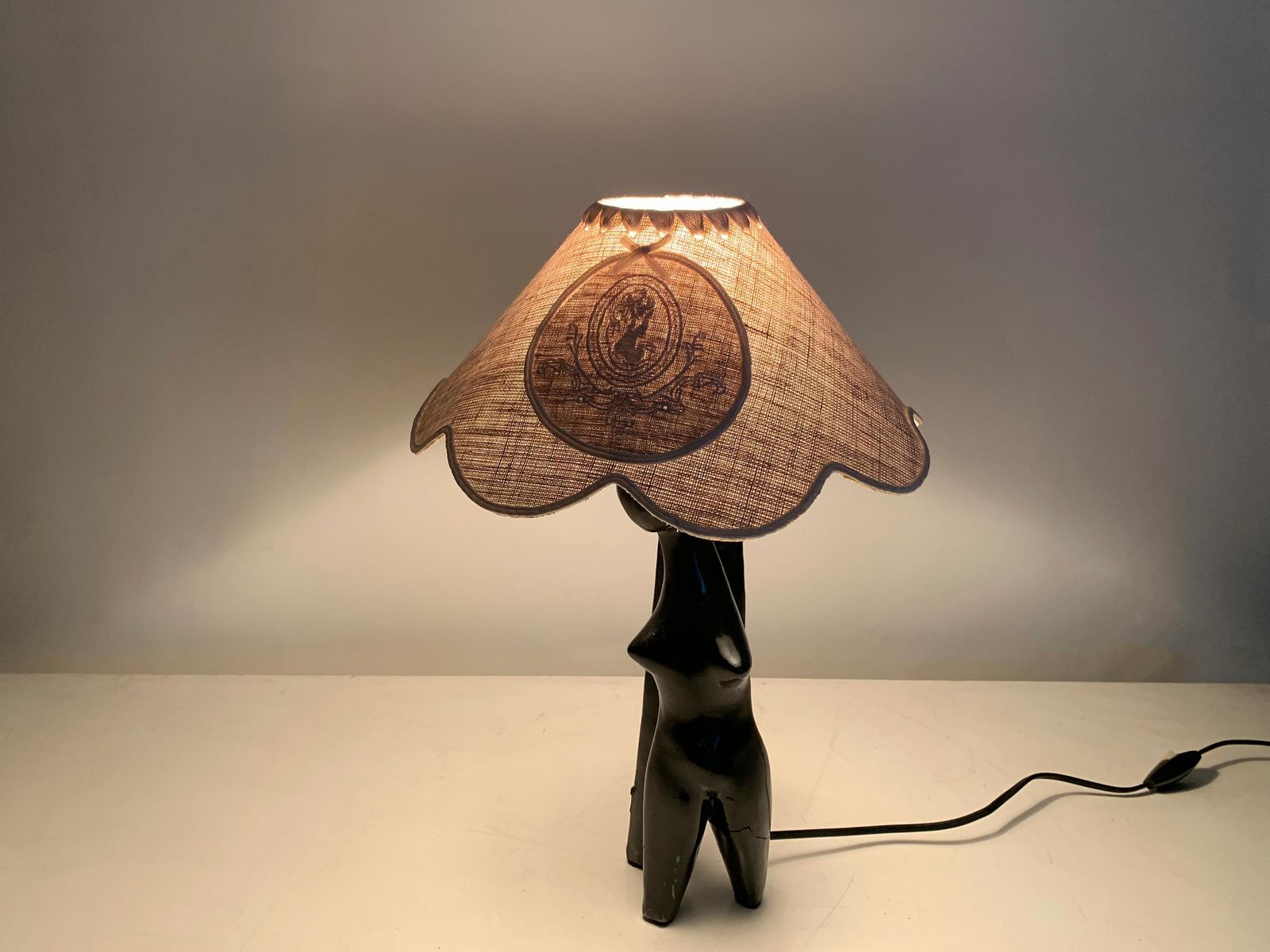photo furniture Art Deco Stylized Woman Figure Sculptural Table Lamp In Black Terracotta, France