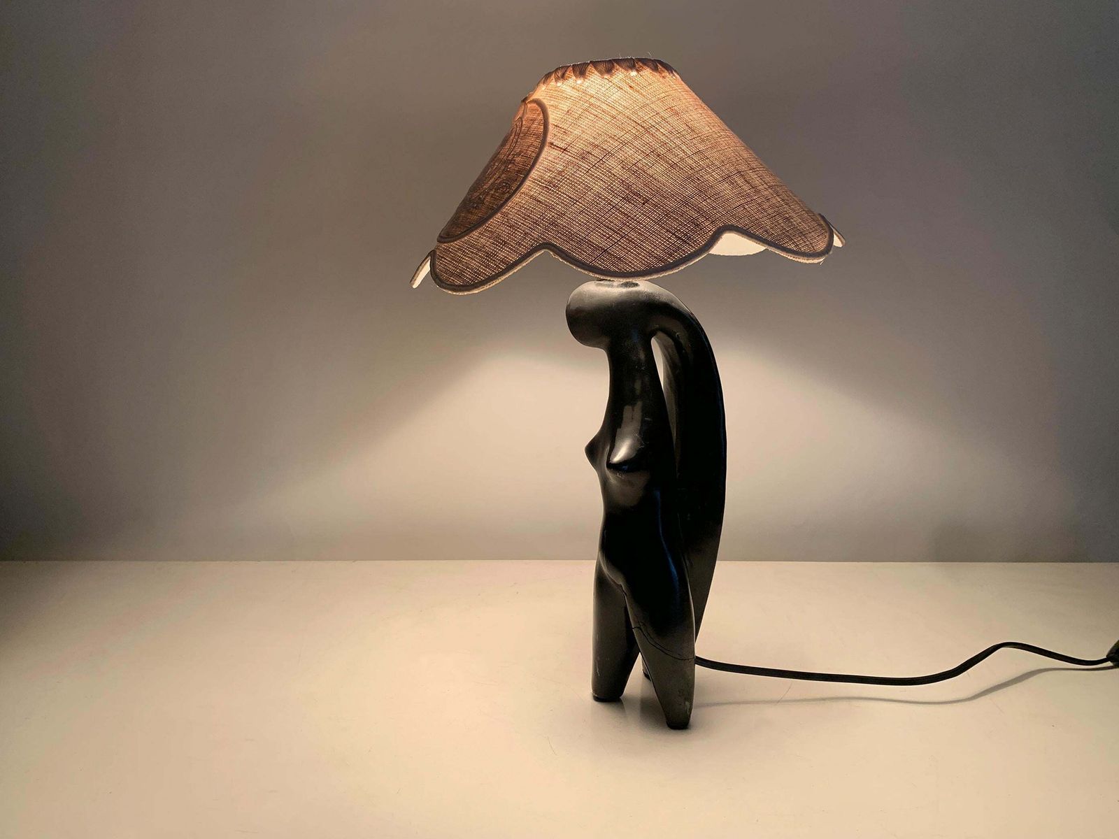 Lighting Art Deco Stylized Woman Figure Sculptural Table Lamp In Black Terracotta, France photo