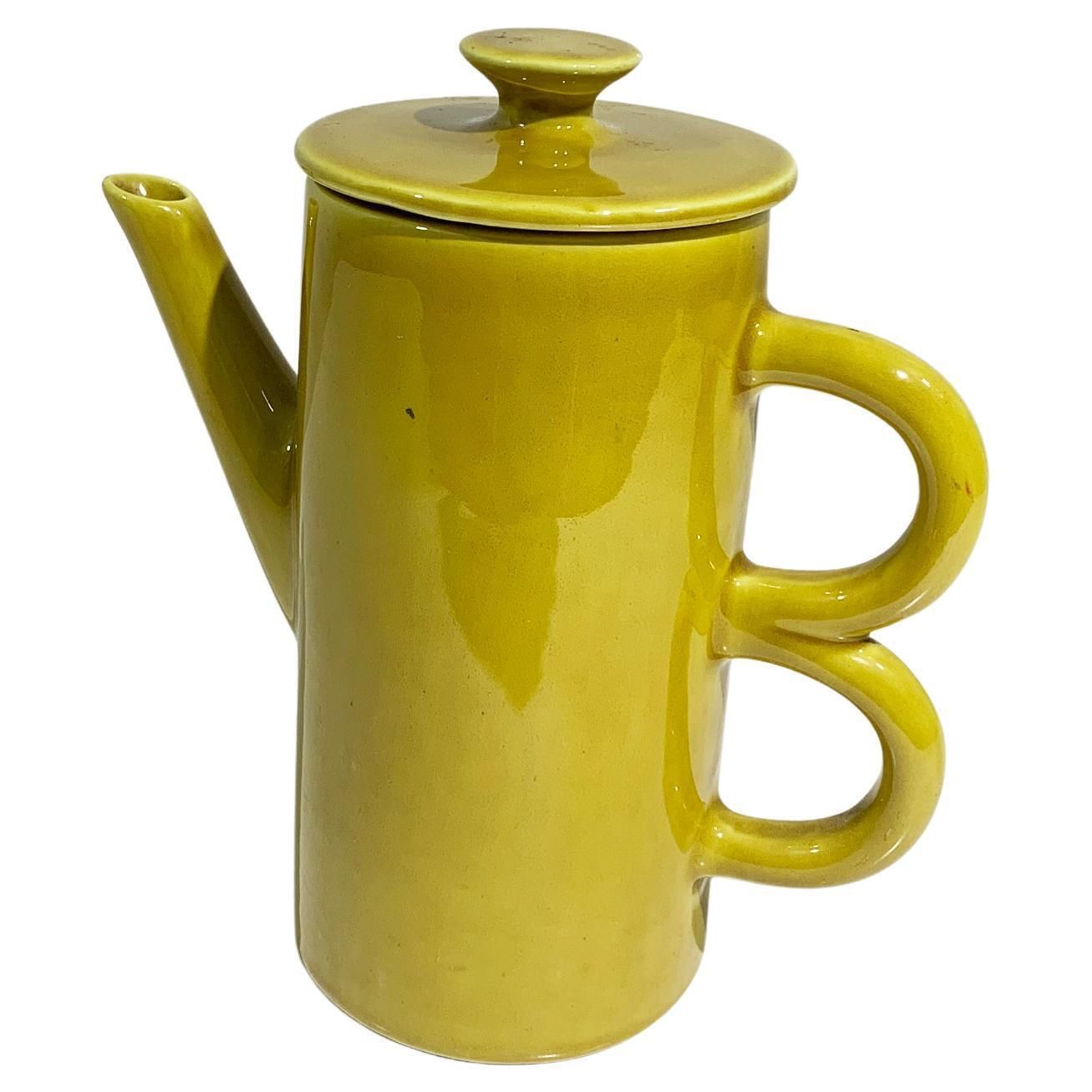 Art Deco Enameled Ceramic Teapot Mustard With Sculptural Double Handle, Italy