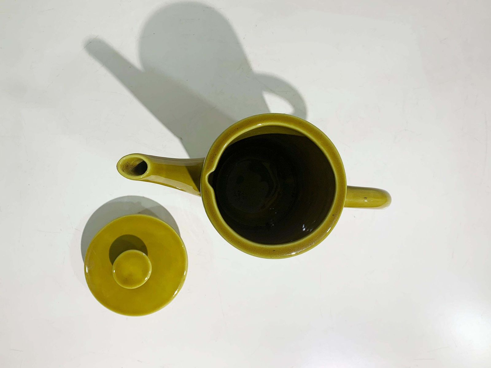 Art Deco Enameled Ceramic Teapot Mustard With Sculptural Double Handle, Italy photo Home Decor