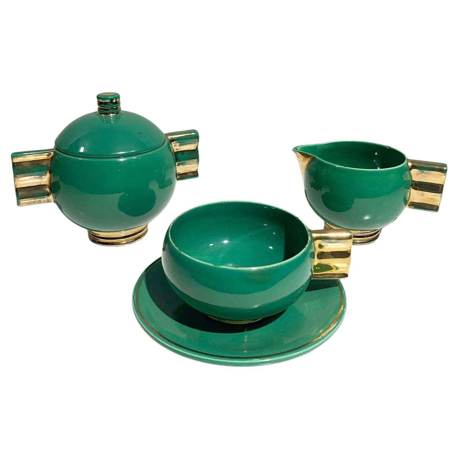 French Art Deco Tea Service Set, Gold & Green Glazed Porcelain Marked Robj Paris