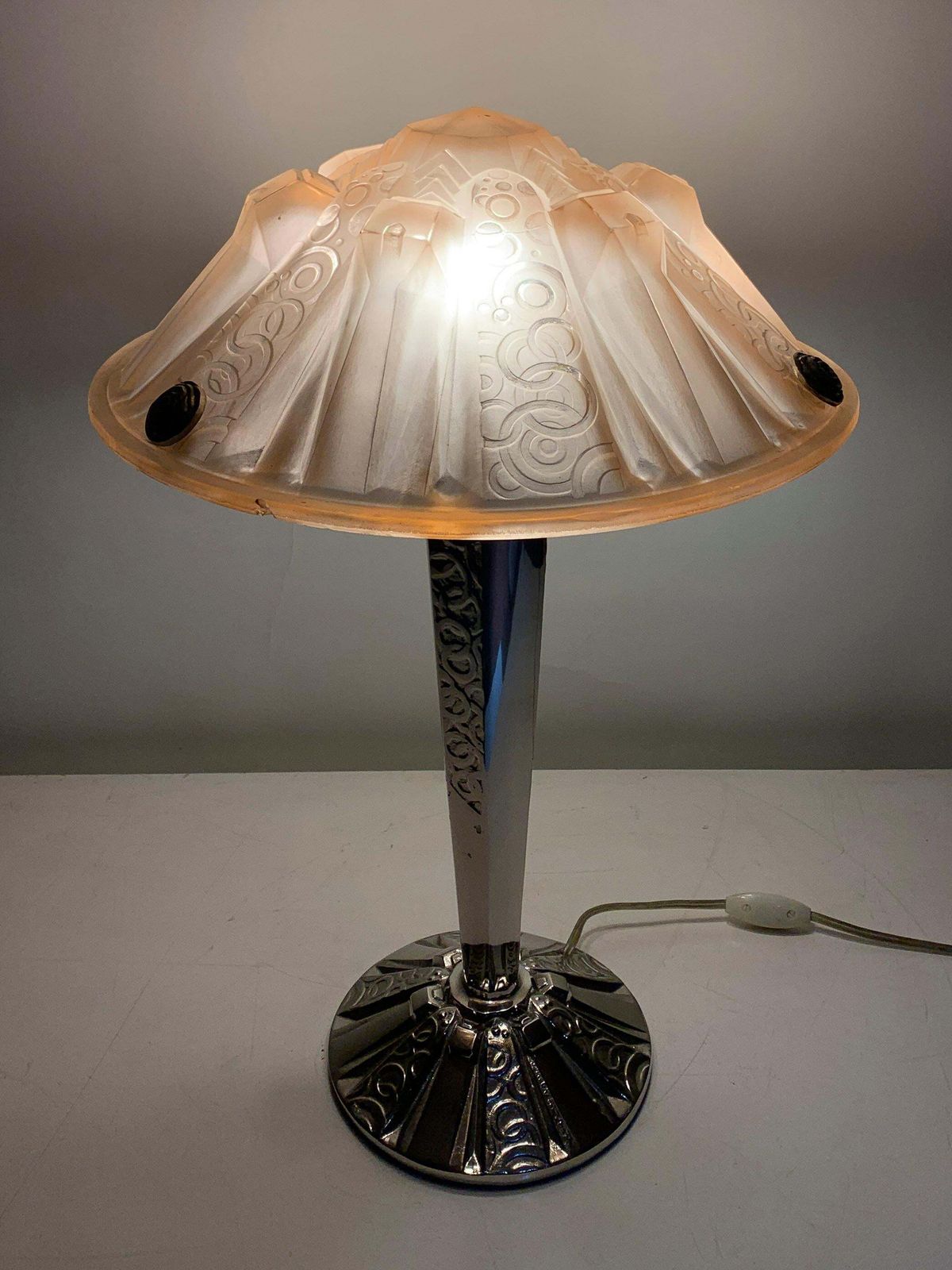 photo for sale Art Deco Table Lamp In Pink Press Molded Glass Signed "Muller Frères Luneville"