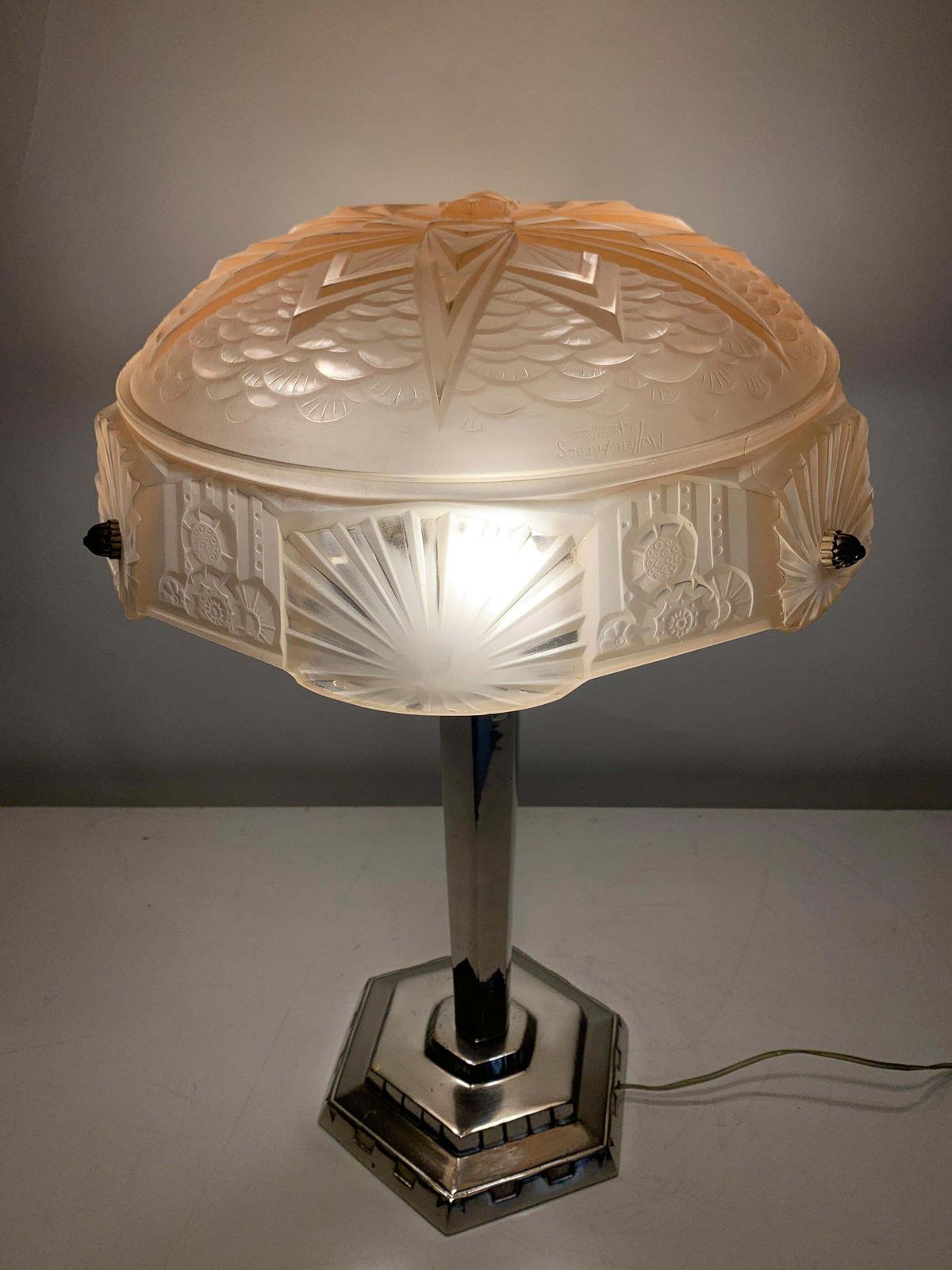 Lighting Art Deco Table Lamp In Press Molded Glass Signed "Muller Frères Luneville" photo