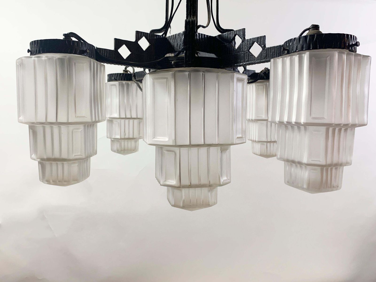 French Art Deco Skyscraper Chandelier In Wrought Iron And Glass, Circa 1920's photo furniture