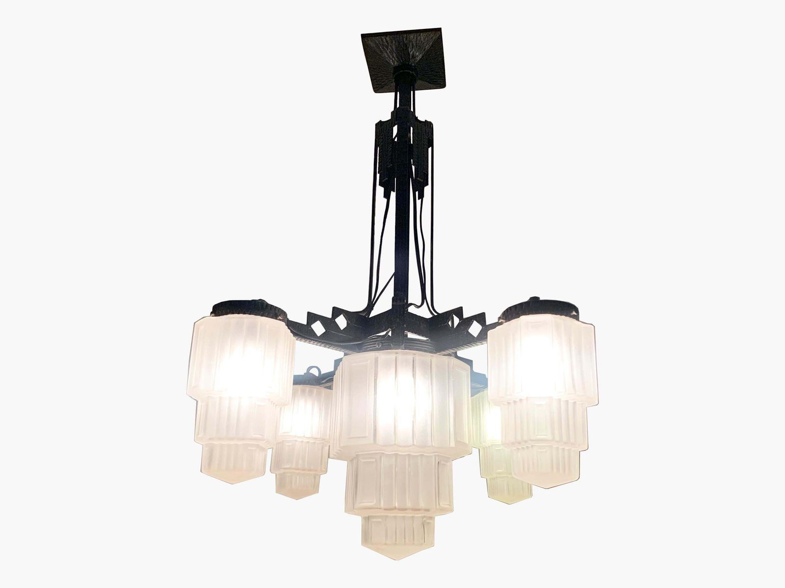 French Art Deco Skyscraper Chandelier In Wrought Iron And Glass, Circa 1920's photo 6155.0