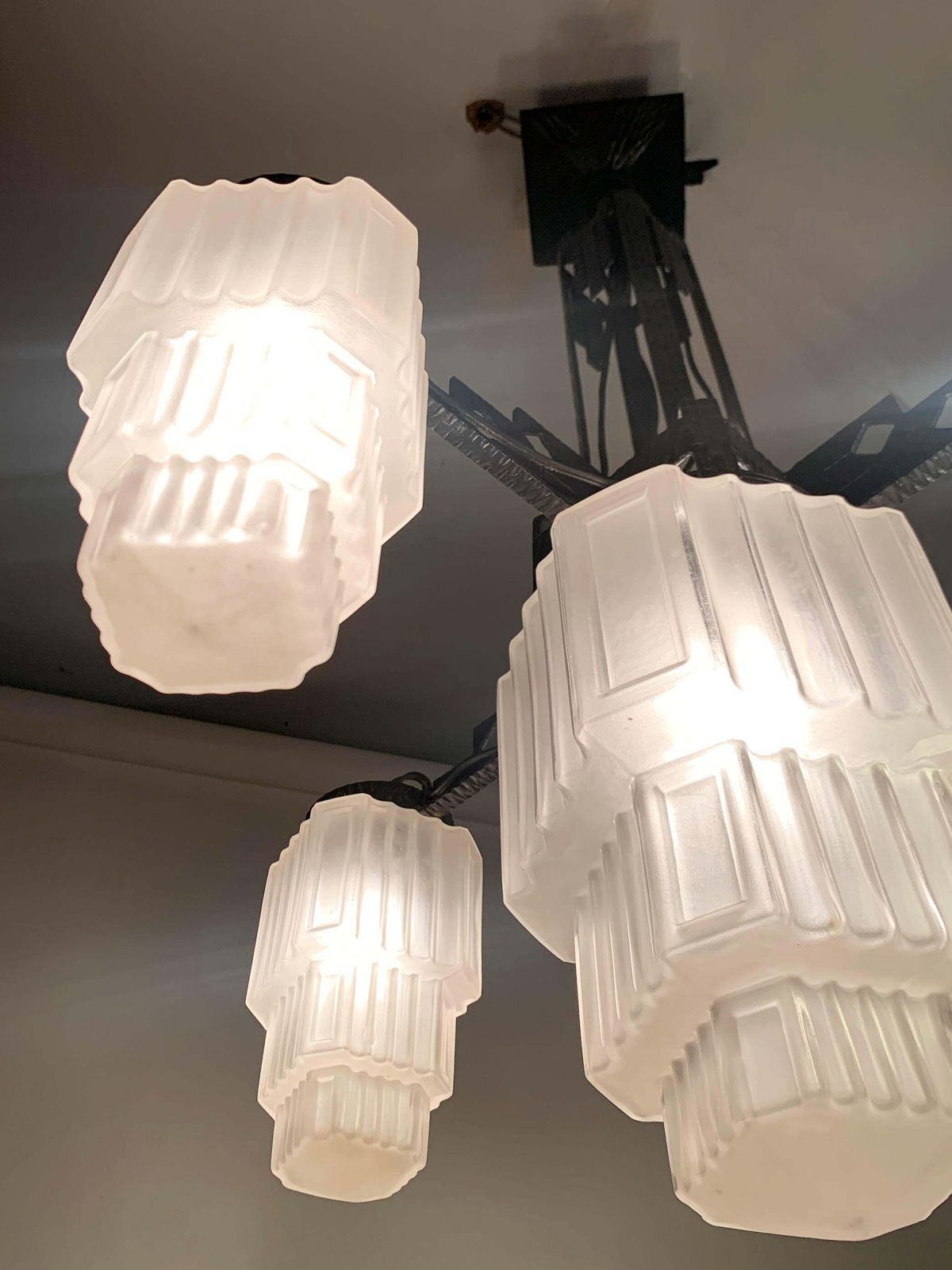 French Art Deco Skyscraper Chandelier In Wrought Iron And Glass, Circa 1920's photo buy