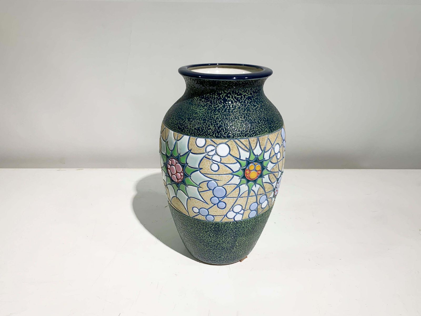 Hand Painted Ceramic Vase  Floral Motif/Textured Finish, Signed,  Circa 1930's photo furniture