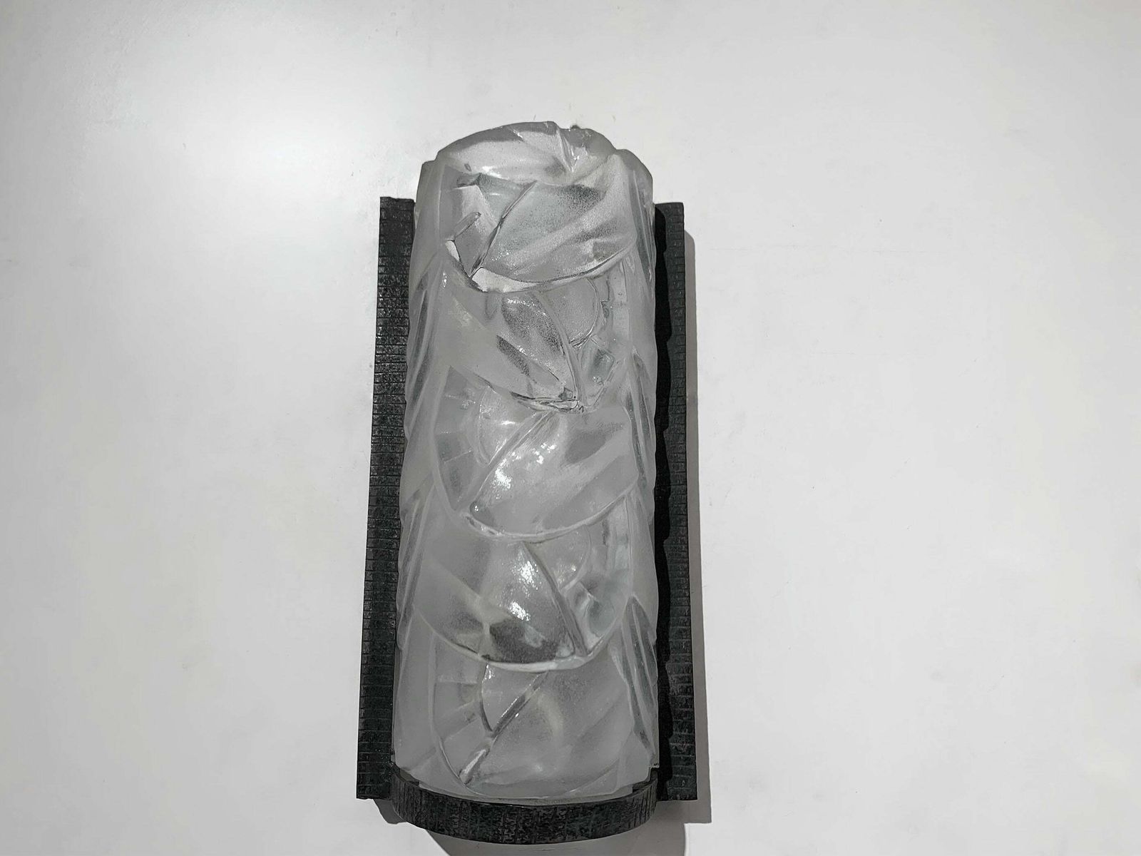 Pair Of French Art Deco Wall Sconces In Press Molded Glass And Wrought Iron photo for sale