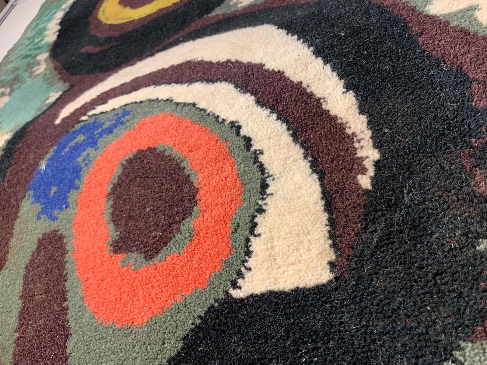 photo for sale Vintage Mid Century Hand Knotted Wool Tapestry “Femme Et Oiseaux” By Joan Miro