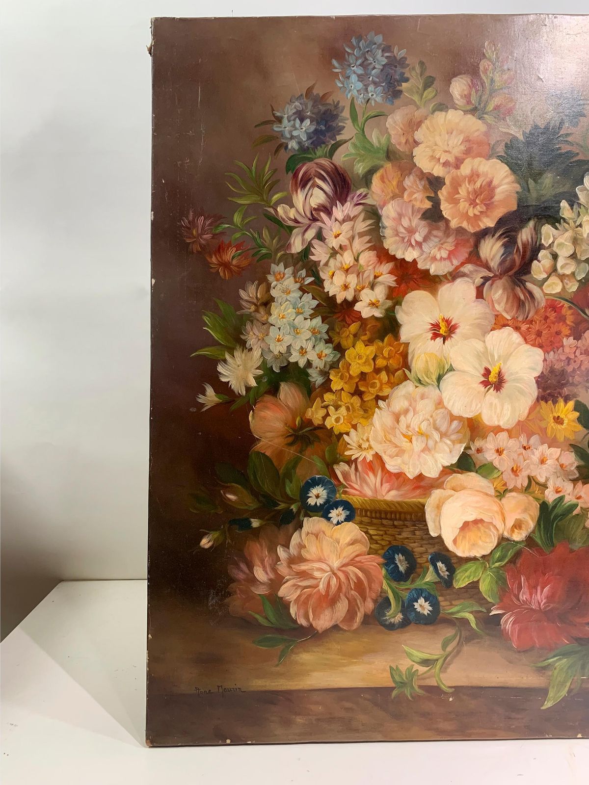 19th Century Floral Still Life Painting   Oil On Canvas   Signed Anne Maurin photo furniture