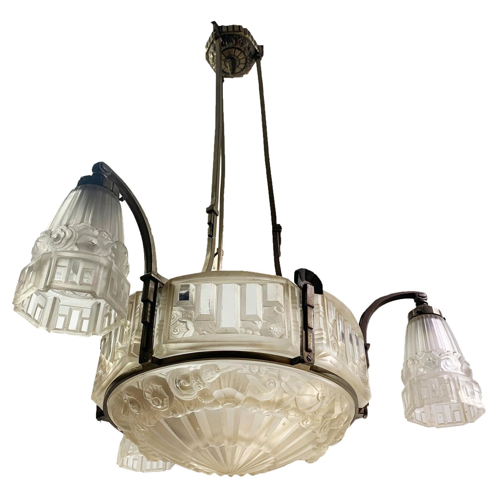 Art Déco Chandelier, Yellow Bronze & Press Molded Glass By Marius Ernest Sabino