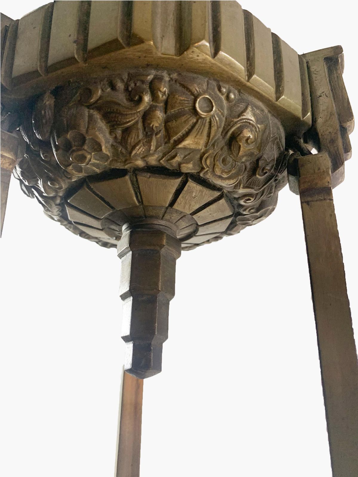 Art Déco Chandelier, Yellow Bronze & Press Molded Glass By Marius Ernest Sabino photo Lighting