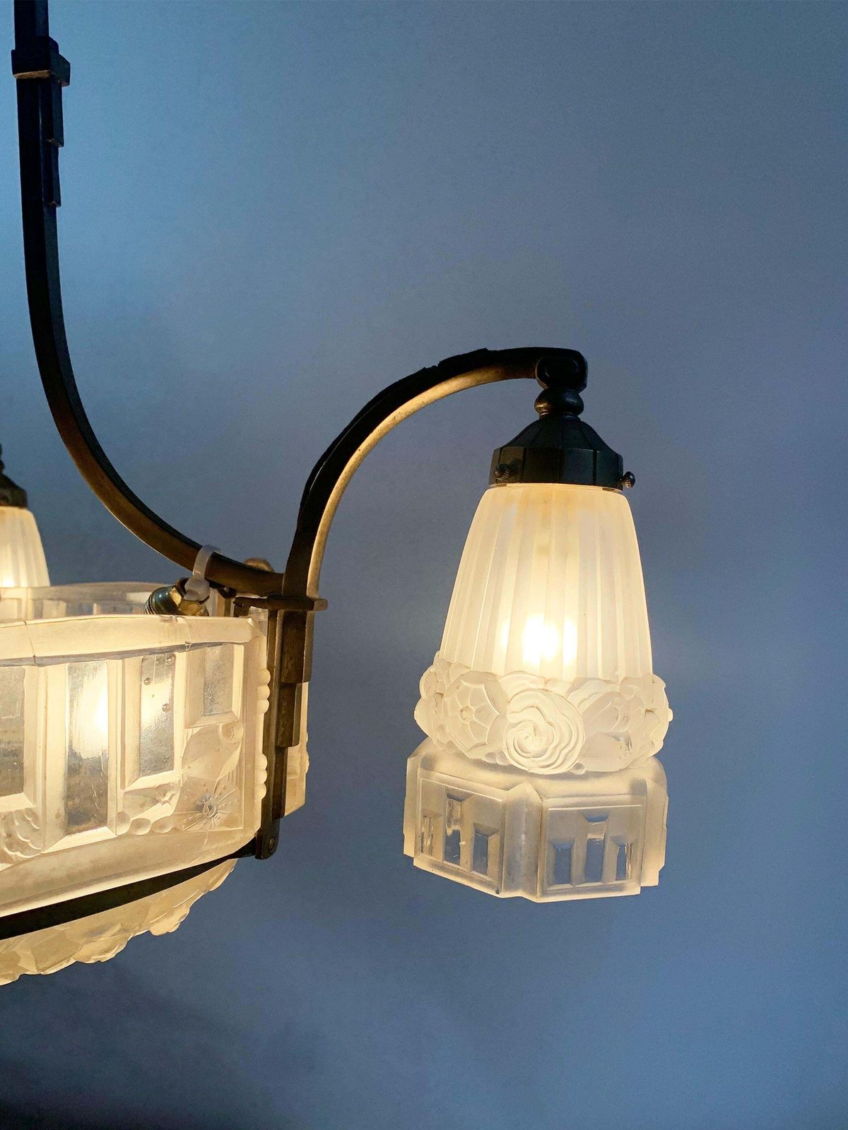 photo for sale Art Déco Chandelier, Yellow Bronze & Press Molded Glass By Marius Ernest Sabino