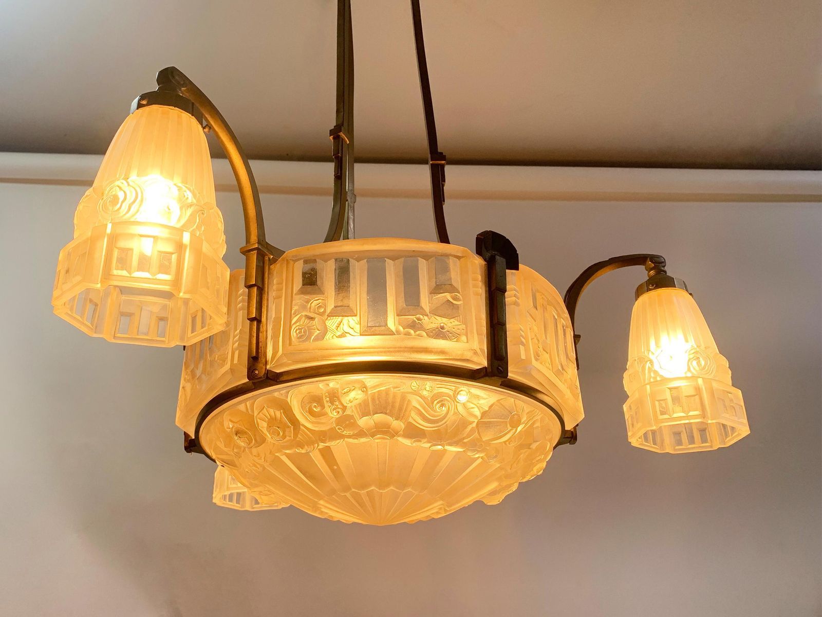 Lighting Art Déco Chandelier, Yellow Bronze & Press Molded Glass By Marius Ernest Sabino photo