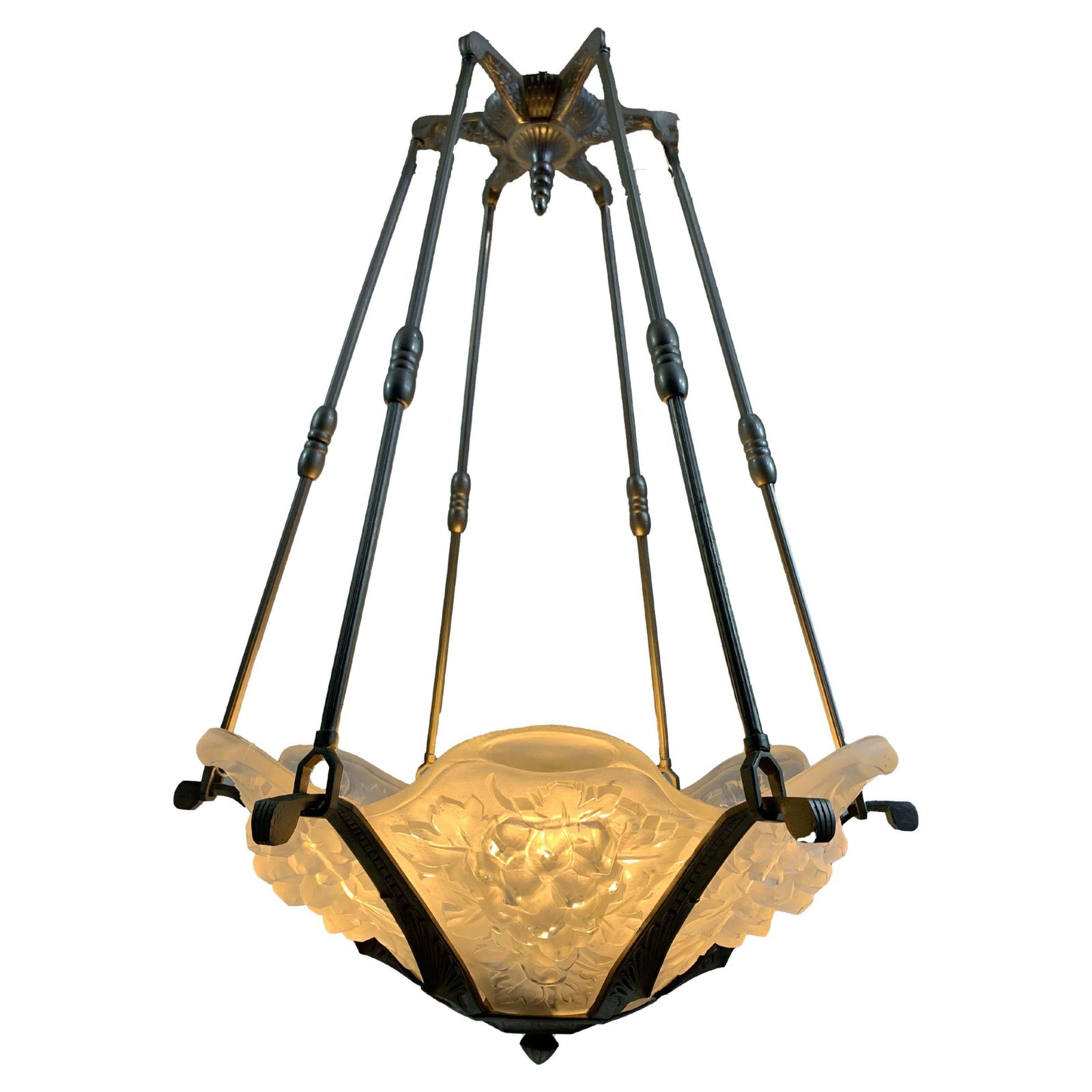 French Art Deco Chandelier In Lorrain Press Molded Glass