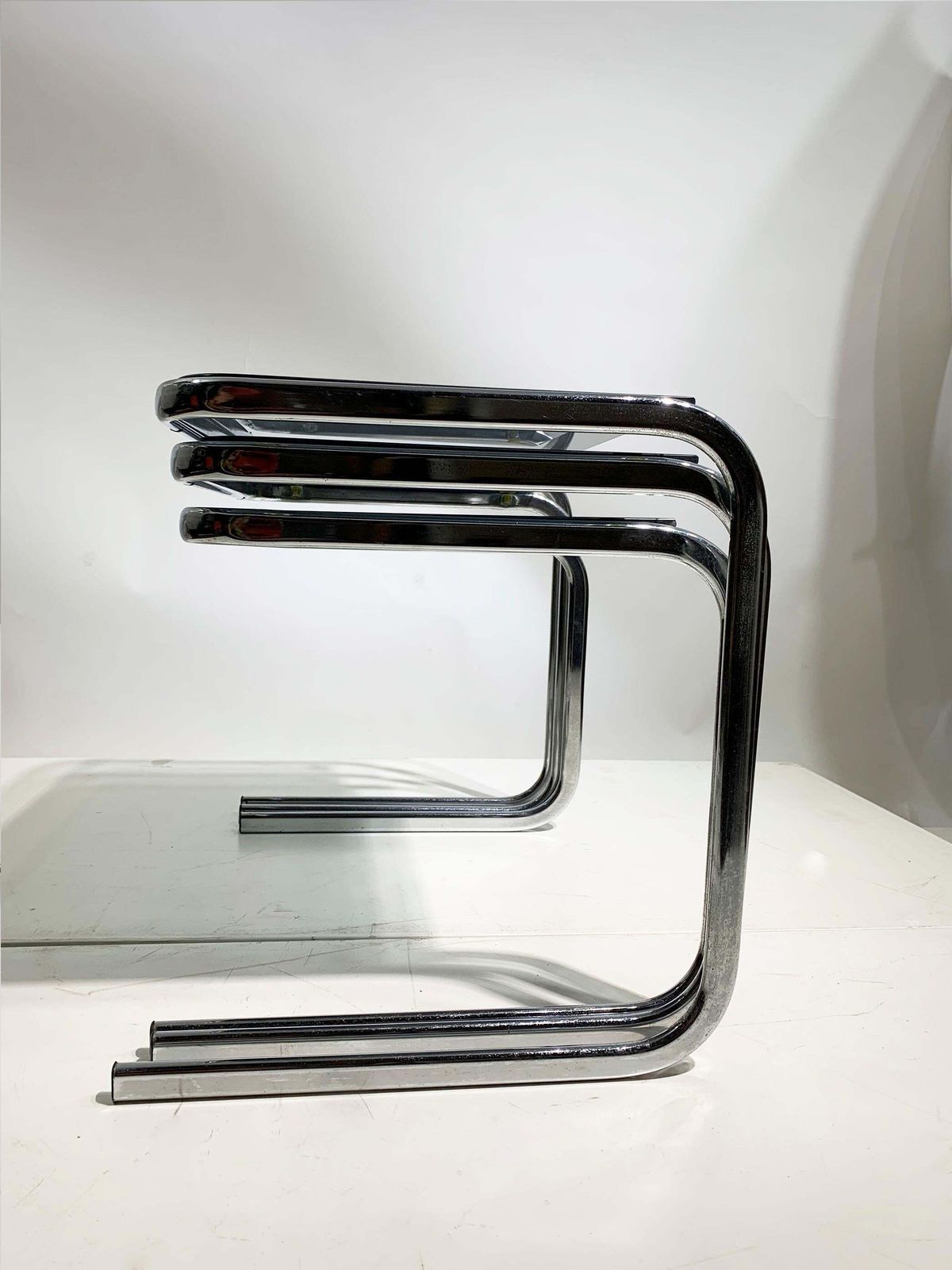 Set Of 3 Late 20th Century Nesting Side Tables In Chrome And Smoked Glass photo for sale