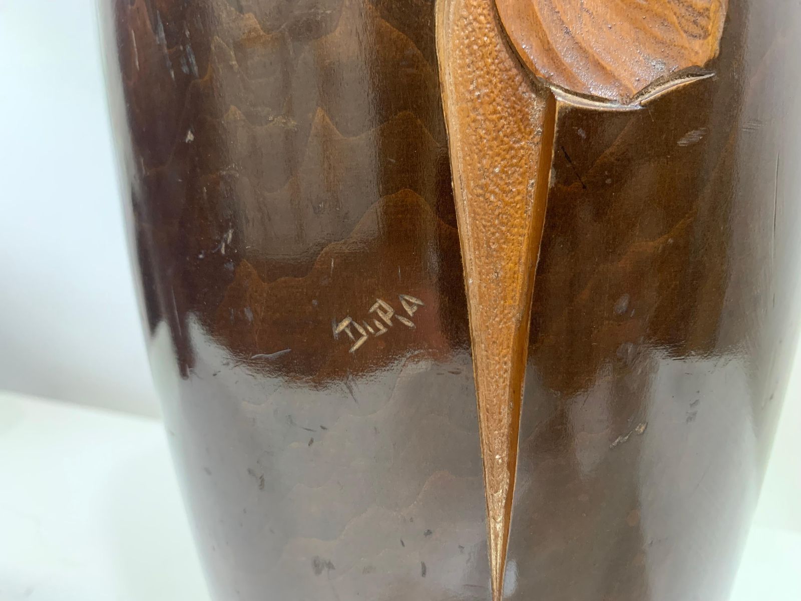 Mid   20th Century Vintage Hand Carved Wooden Vase 2 Signed Dupia photo 803.0
