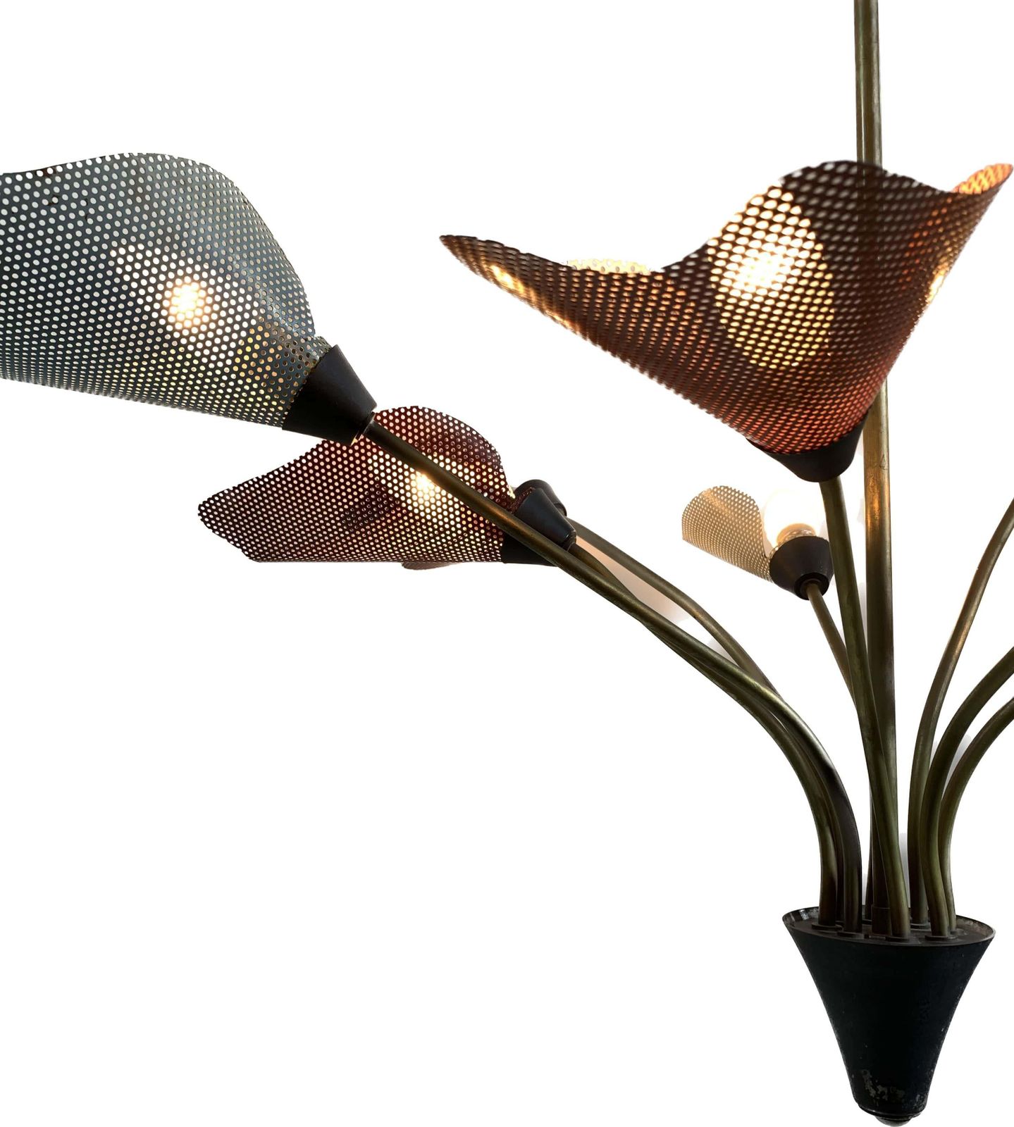 Midcentury Bronze European Chandelier With Perforated Metal Tulips photo vintage