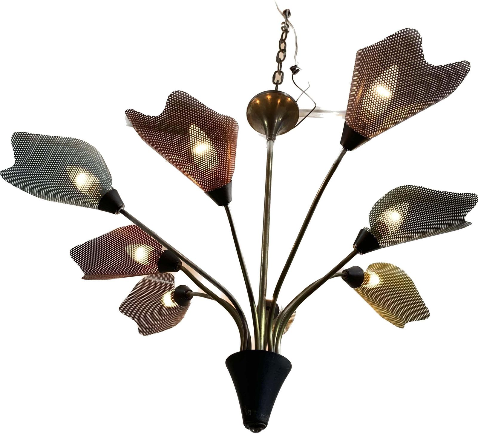 photo buy Midcentury Bronze European Chandelier With Perforated Metal Tulips