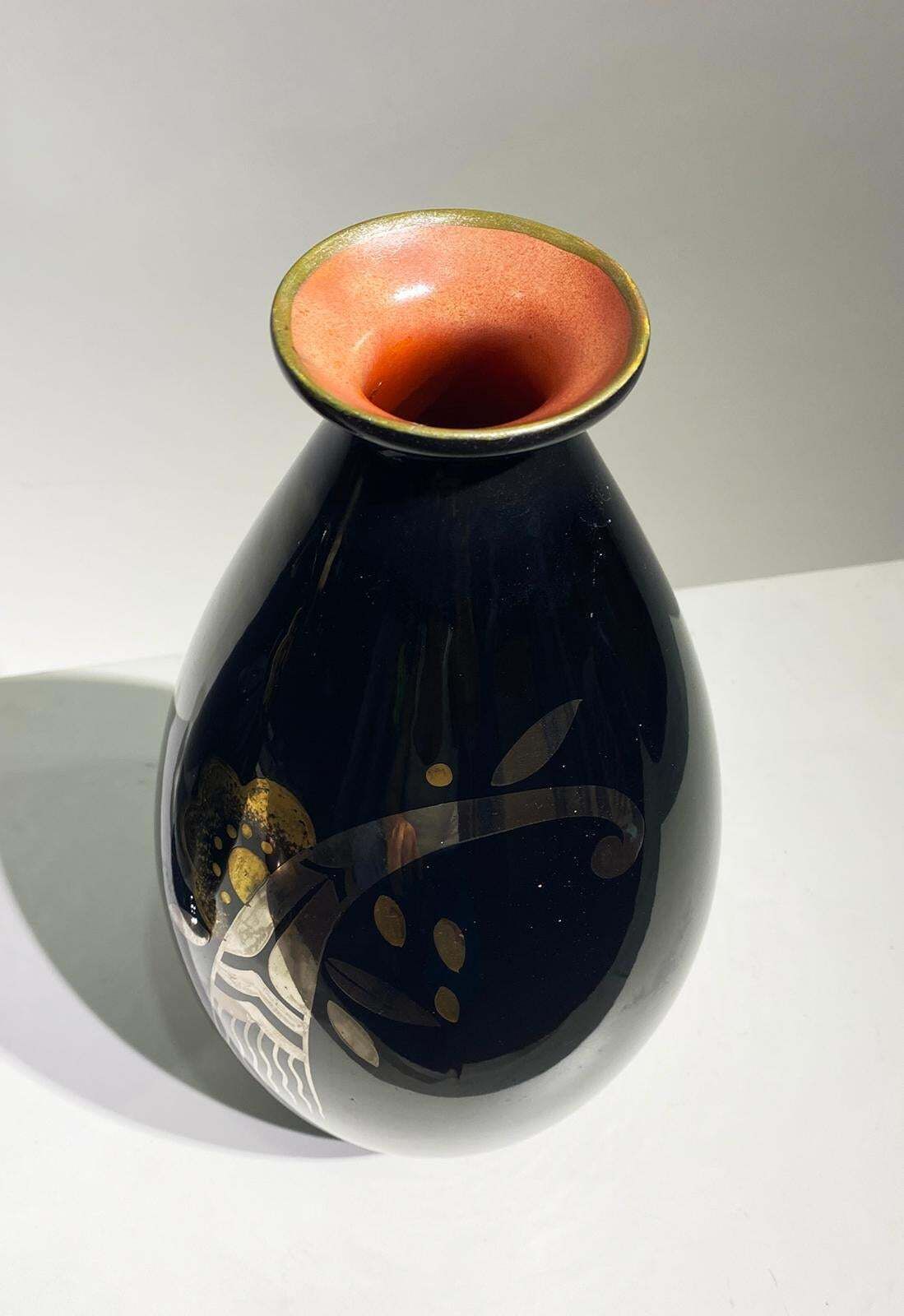 Pair Of Art Deco Ceramic Vases Black Silver And Gold Boch Frères, Belgium, 1931 photo 3836.0