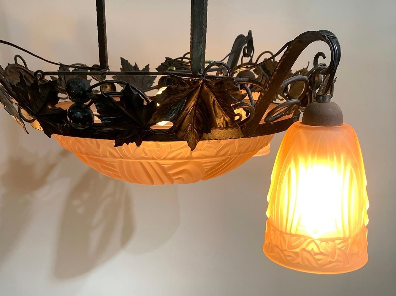 French Art Deco Wrought Iron Chandelier By Schneider photo 7314.0