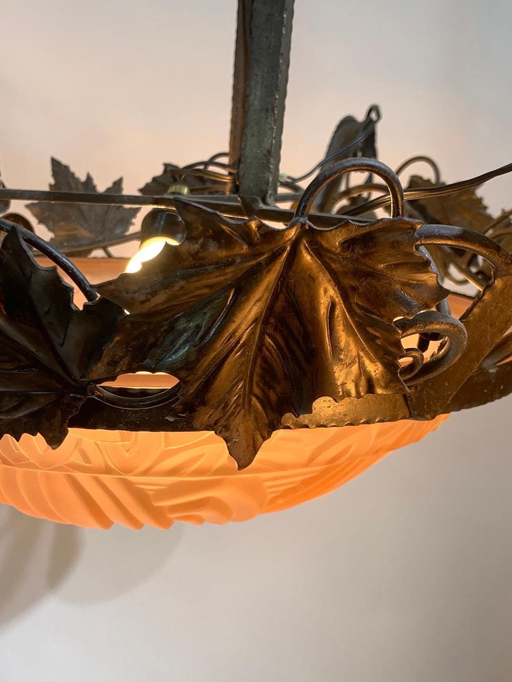 French Art Deco Wrought Iron Chandelier By Schneider photo vintage