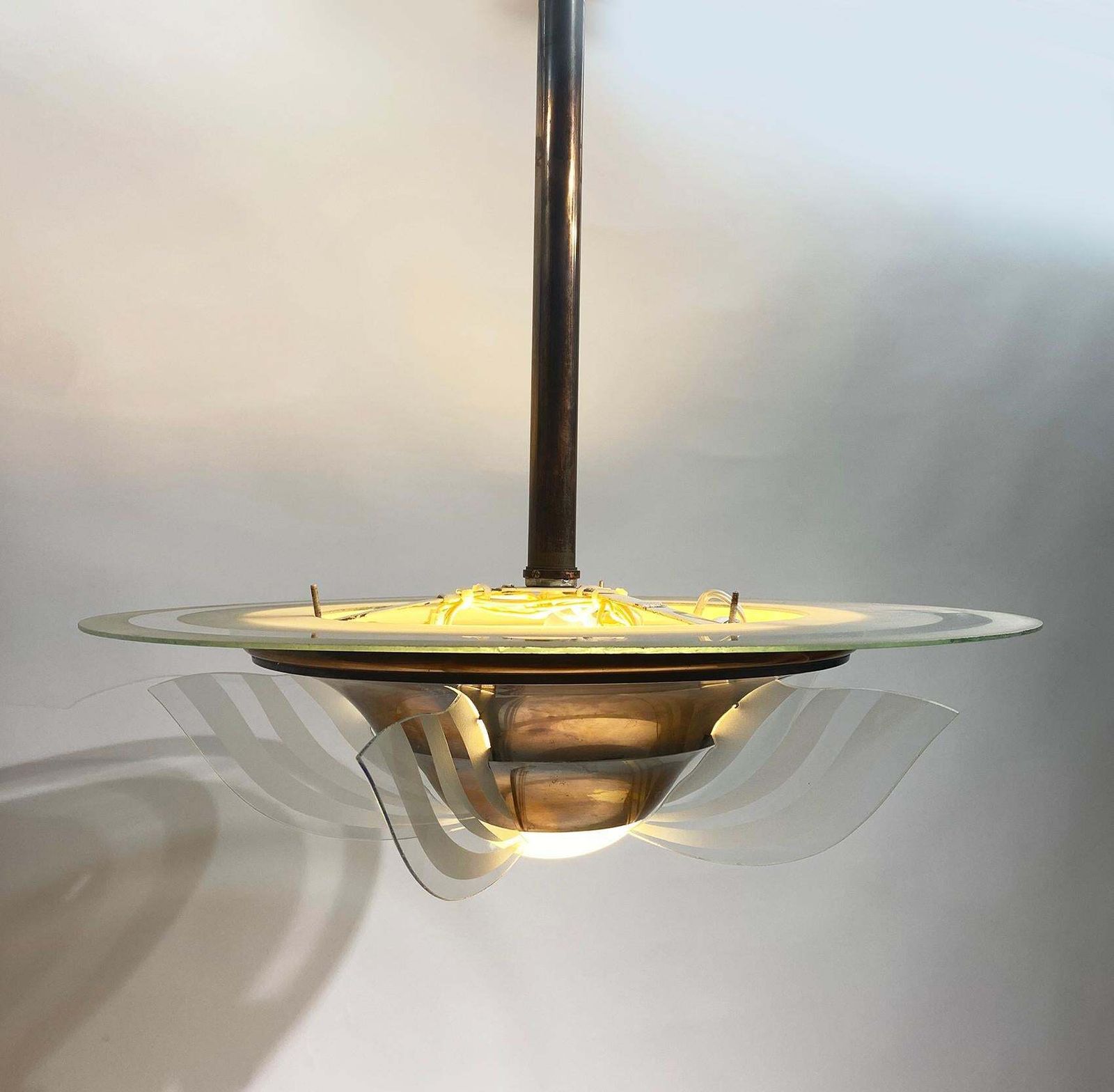 1930s French Art Deco Modernist Brass And Glass Chandelier By Petitot photo furniture