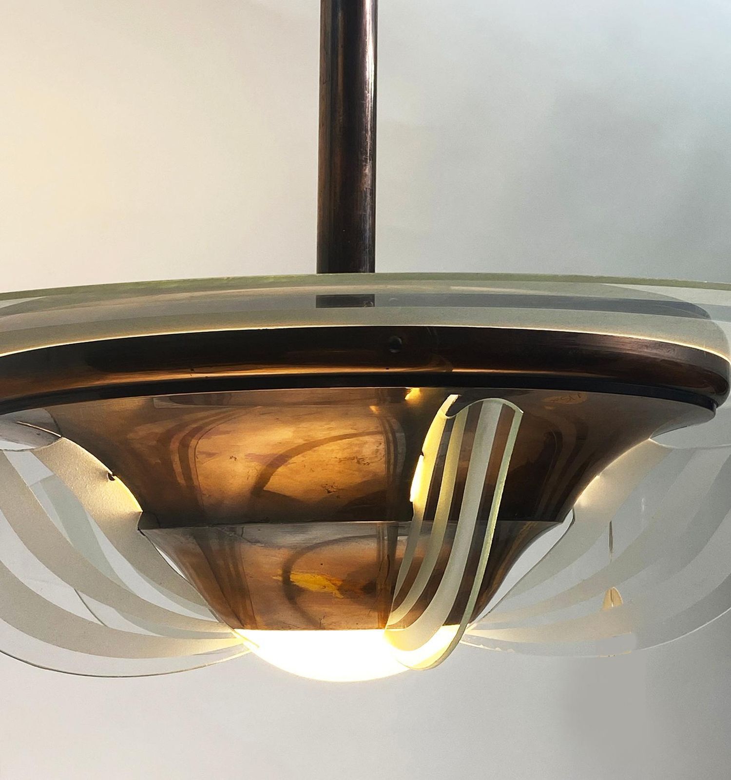 1930s French Art Deco Modernist Brass And Glass Chandelier By Petitot photo vinterior