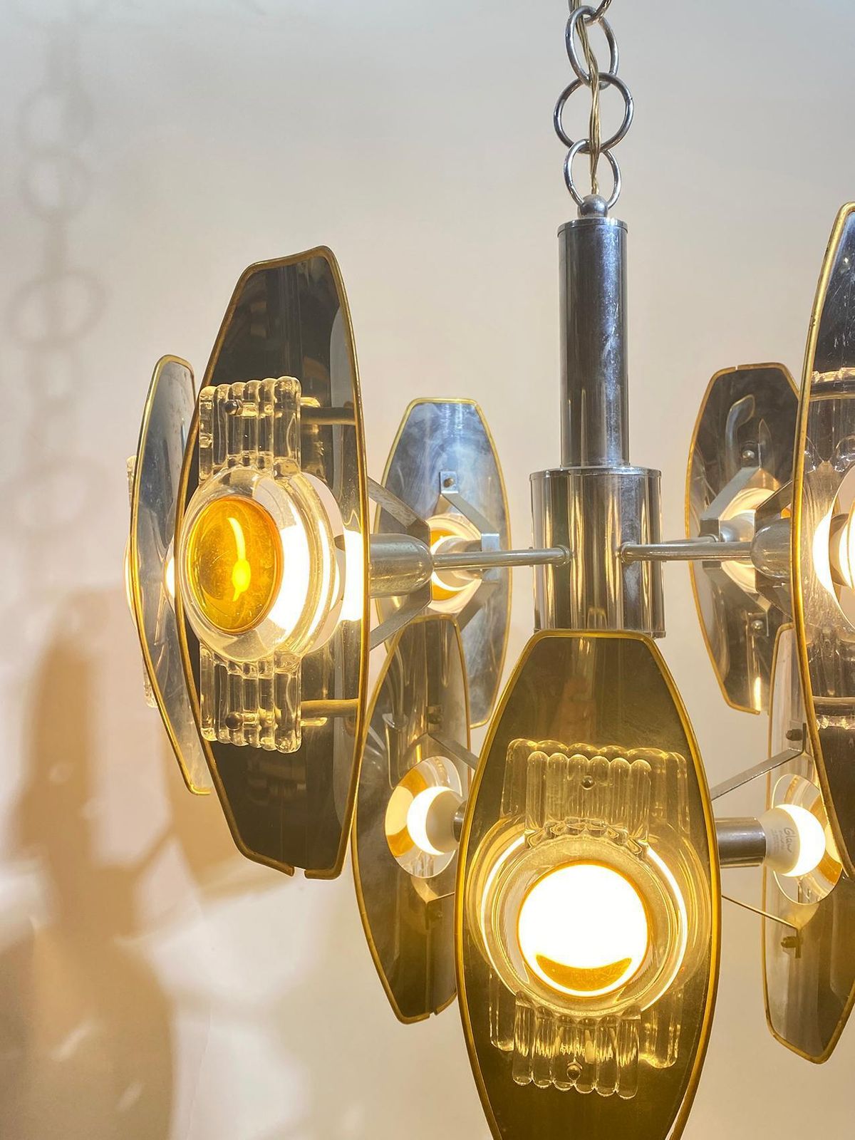 Oscar Torlasco Impressive Chrome And Glass Lens Chandelier, Italy, 1960 photo Lighting