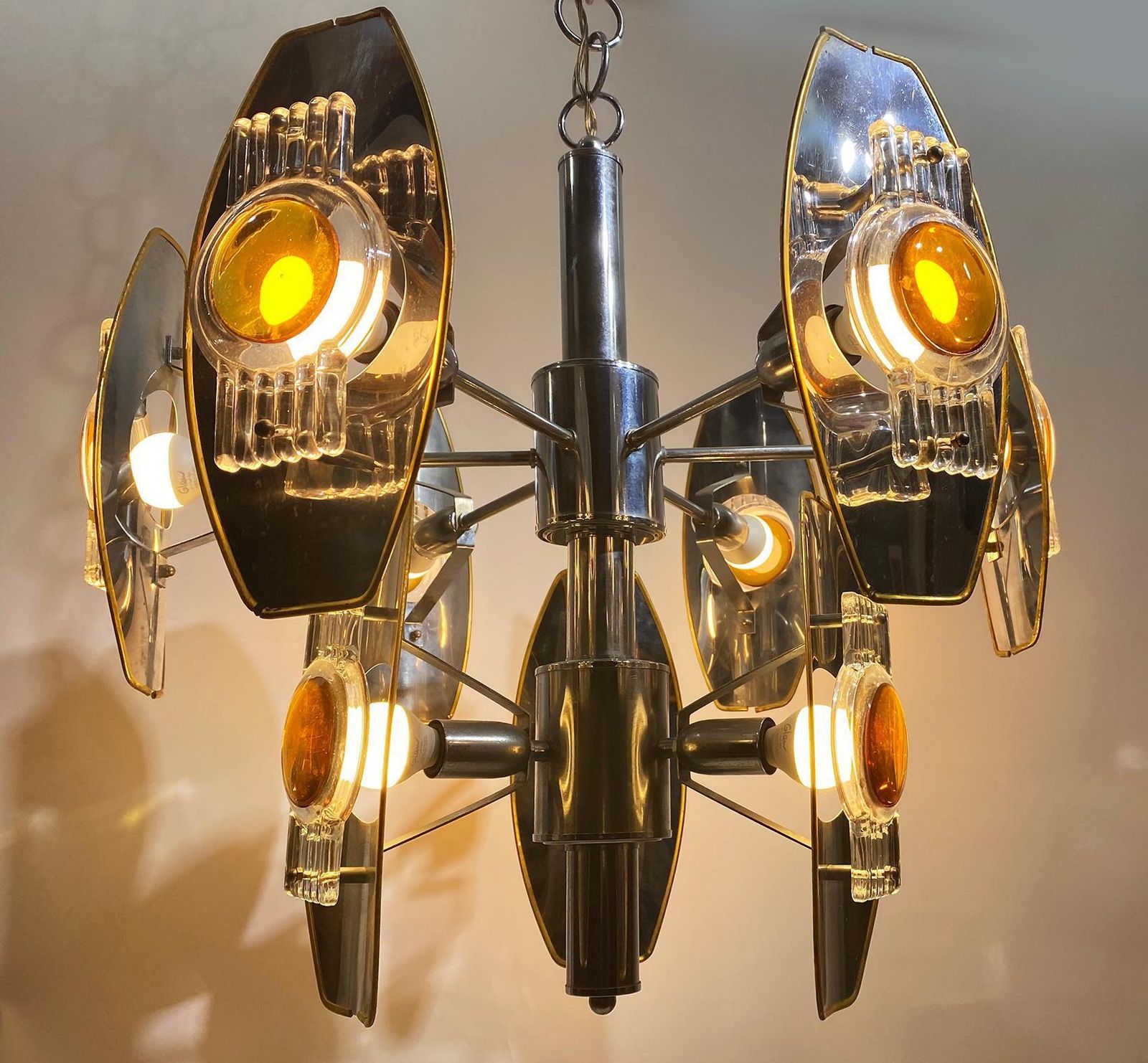 4103.0 Oscar Torlasco Impressive Chrome And Glass Lens Chandelier, Italy, 1960 photo