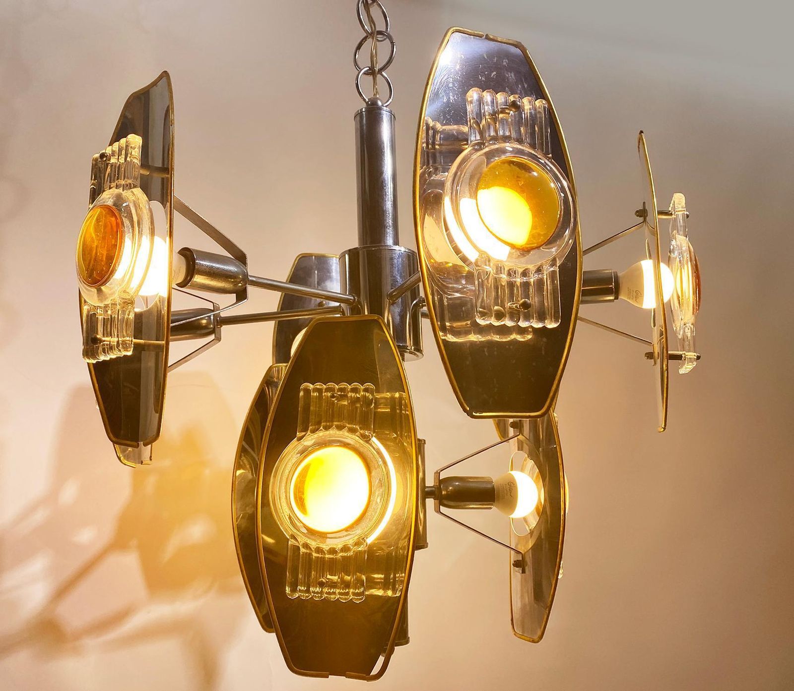 photo vintage Oscar Torlasco Impressive Chrome And Glass Lens Chandelier, Italy, 1960