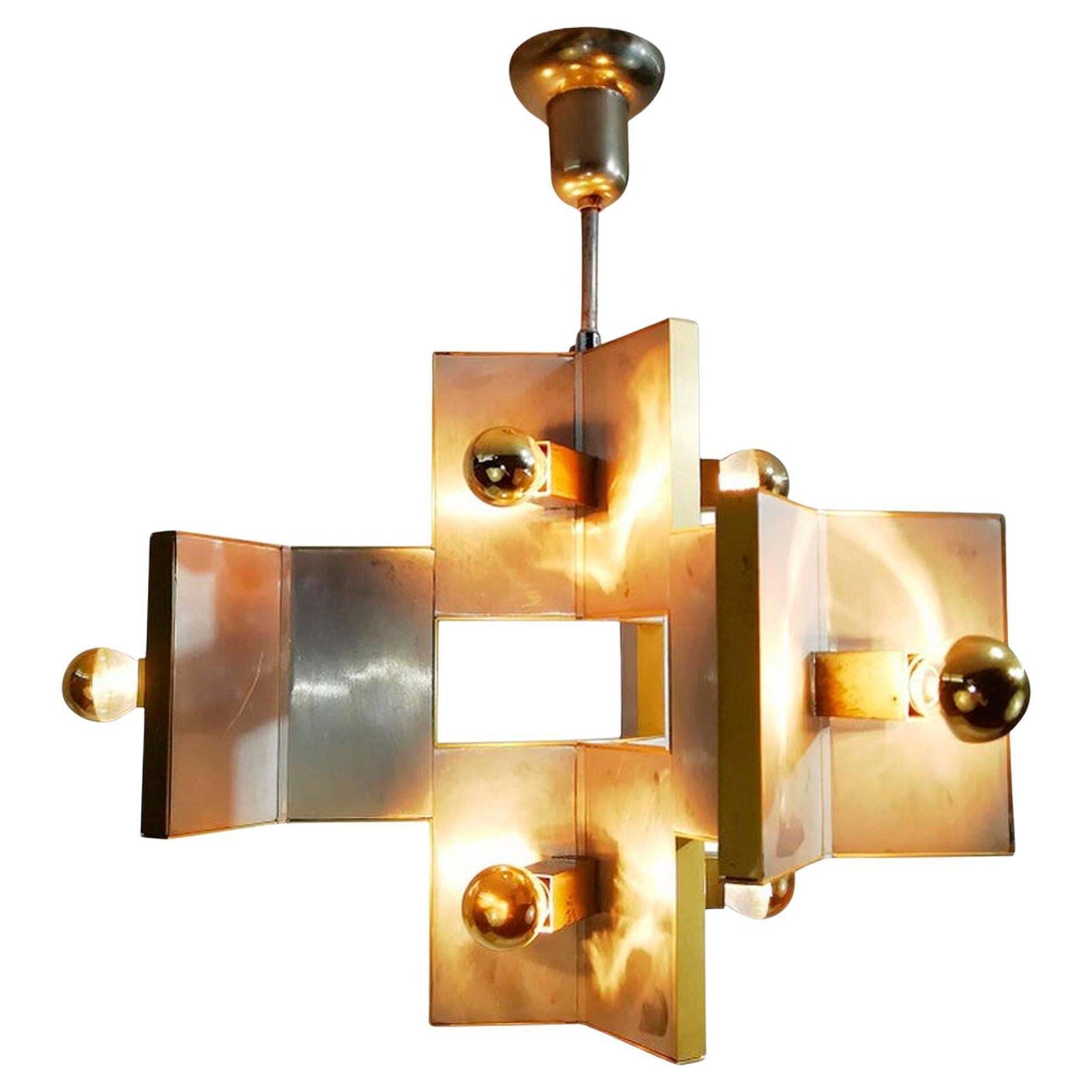 Elegant Sculptural Brass And Mirrored Metal Chandelier From Sciolari, 1970s