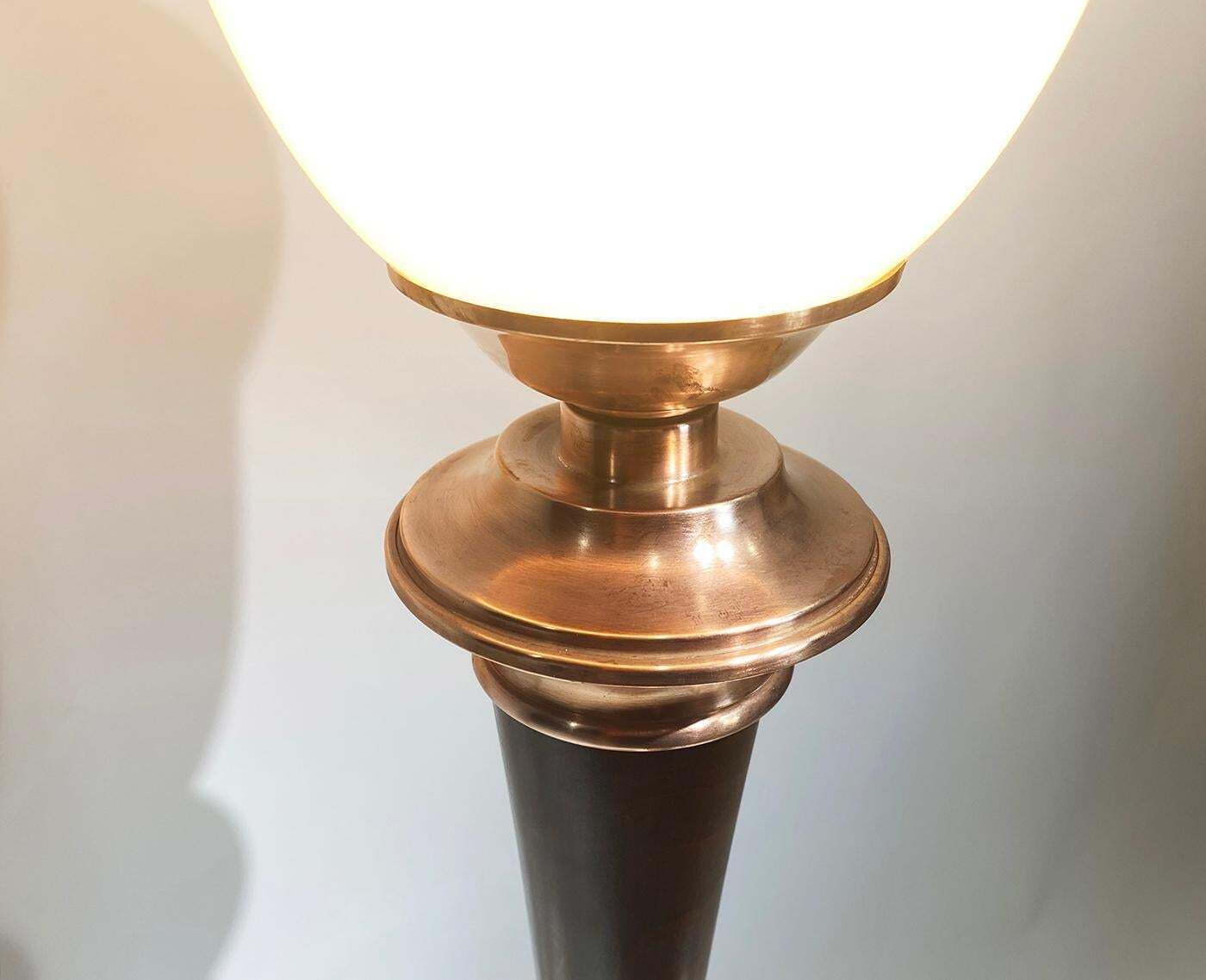 Original Art Deco "Mazda" Table Lamp, Copper And Wood, France Circa 1930 photo vinterior