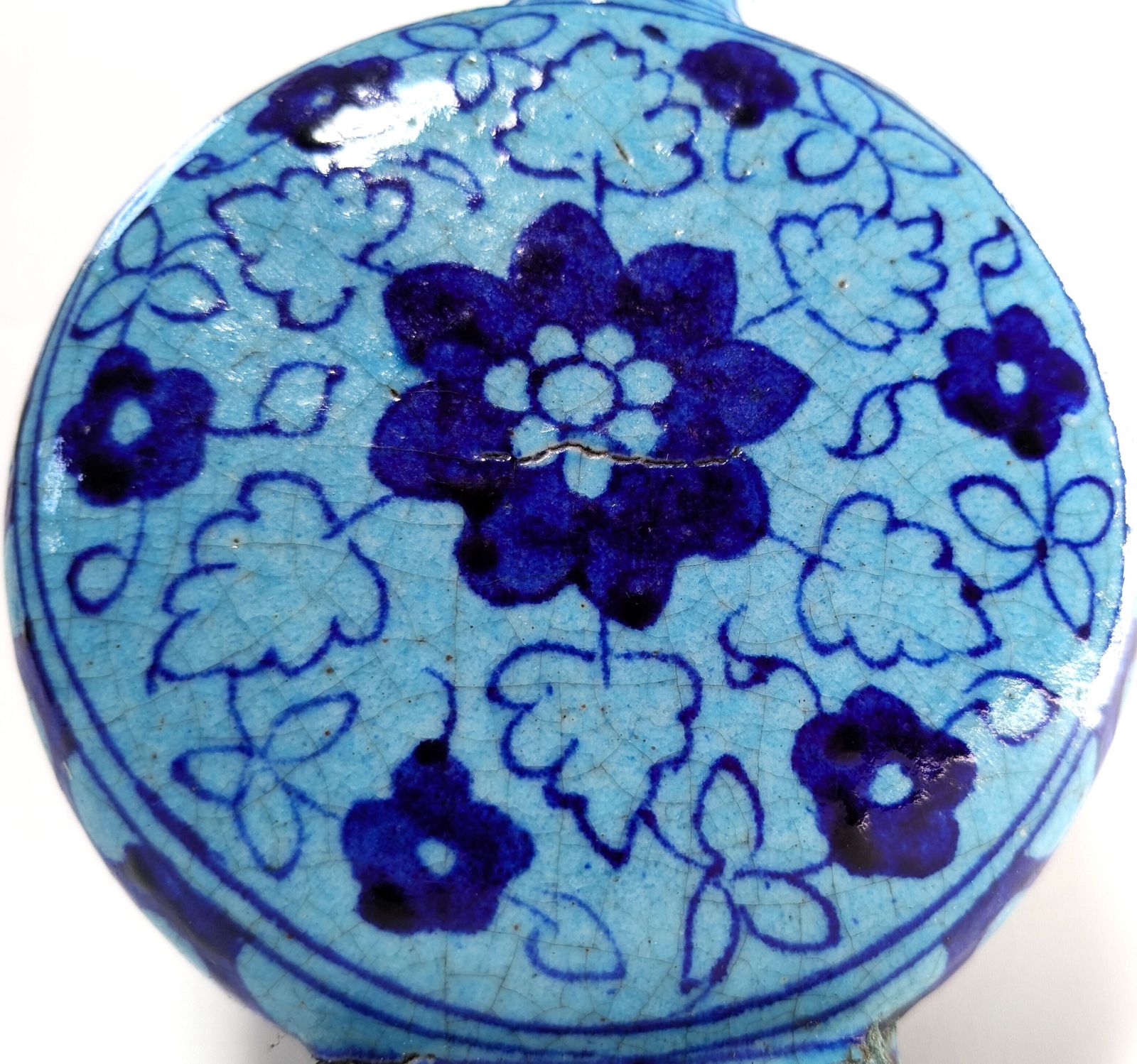 Antique Islamic Moon Flask With Blue Flowers & Calligraphy From Multan photo vintage