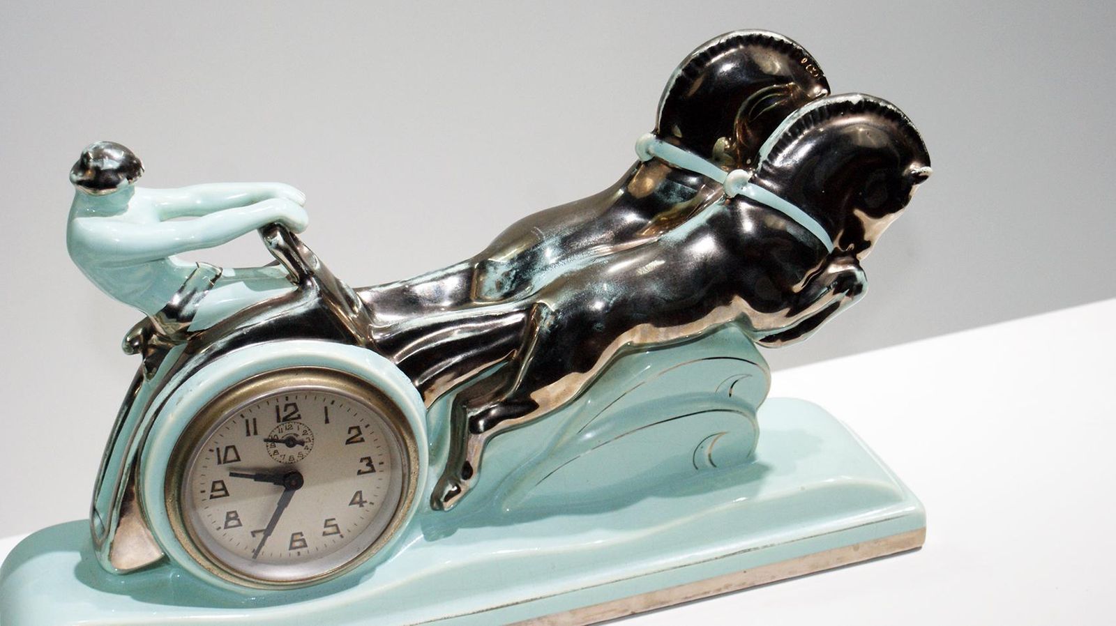 Stunning Art Deco Enamel Ceramic Sculpture “Ben Hur Horse Racing Chariot" photo for sale