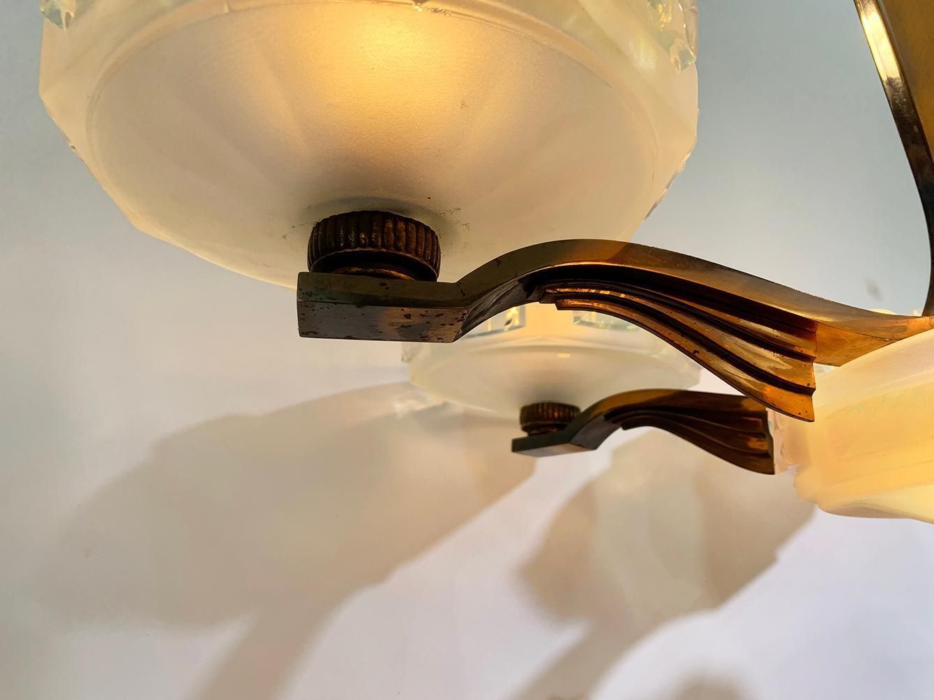 Art Deco Chandelier By Ezan With French Opalescent Glass & Copper Circa 1930 photo 5506.0