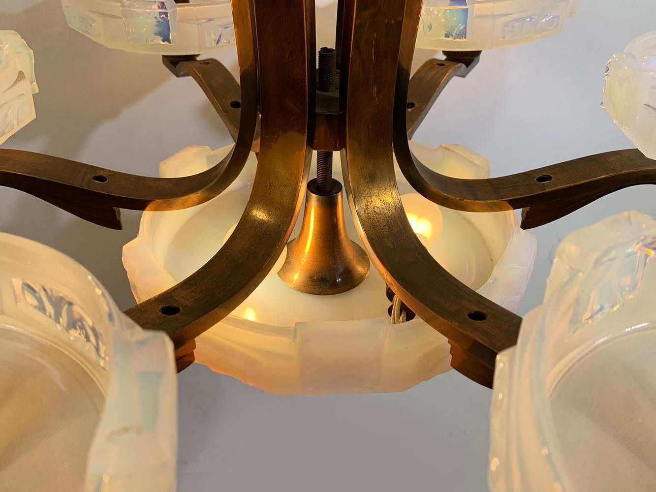 Art Deco Chandelier By Ezan With French Opalescent Glass & Copper Circa 1930 photo vinterior