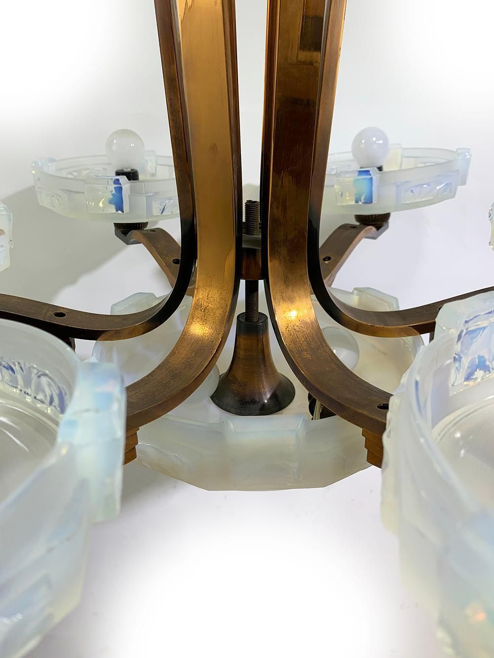 Art Deco Chandelier By Ezan With French Opalescent Glass & Copper Circa 1930 photo vintage
