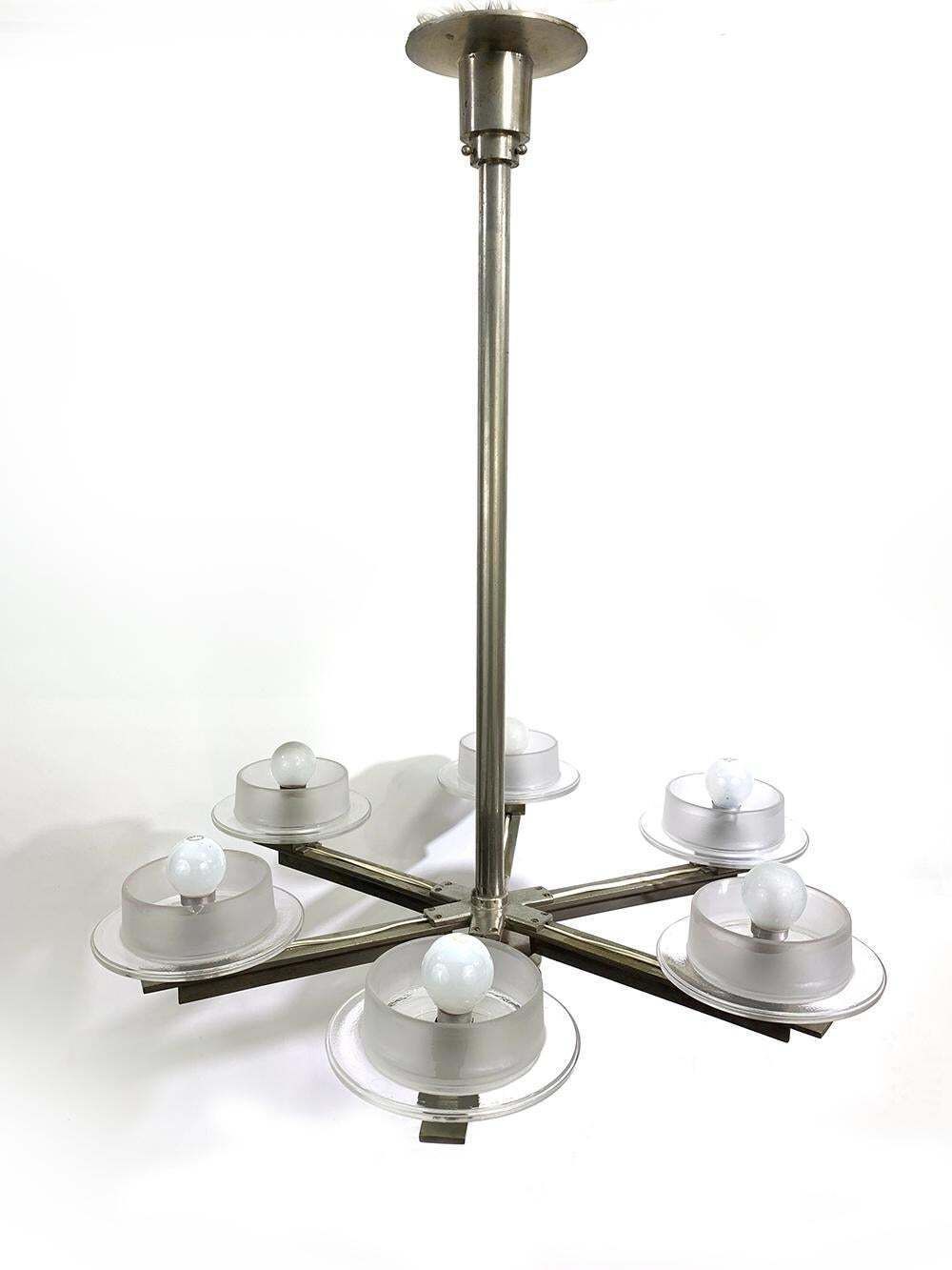Six Light Chrome Metal Chandelier With Glass Shades Circa 70s photo furniture