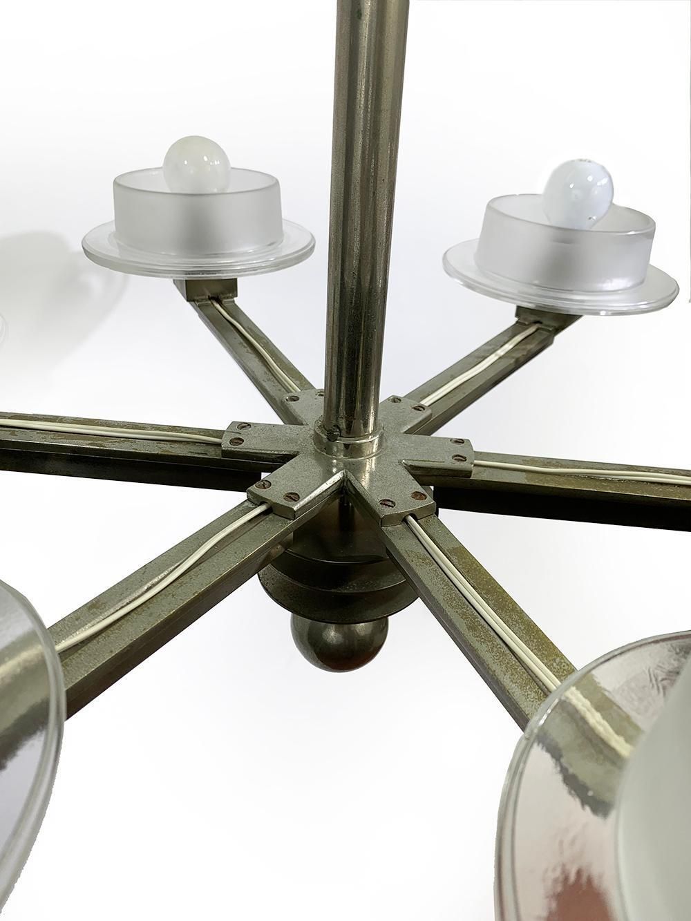 photo furniture Six Light Chrome Metal Chandelier With Glass Shades Circa 70s