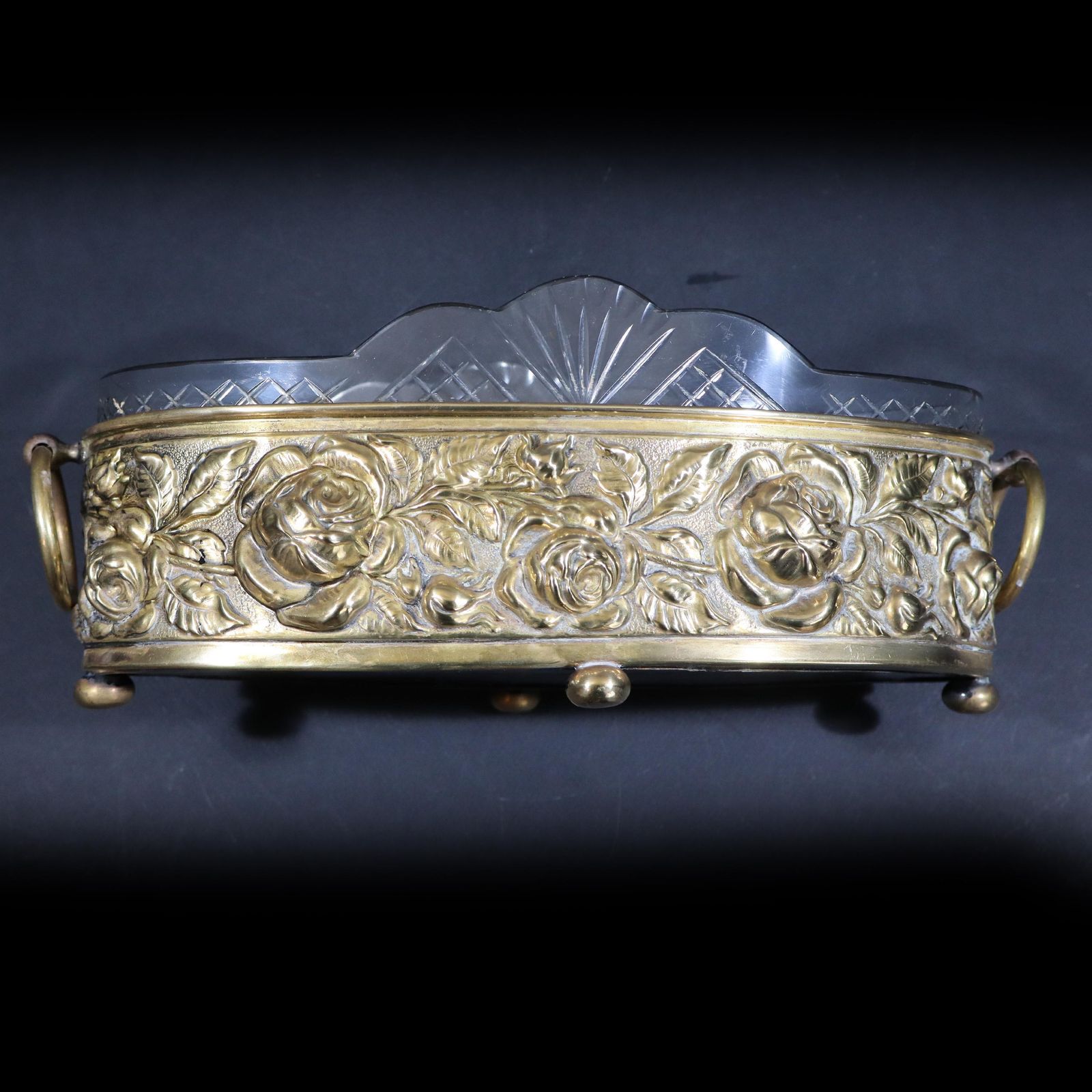 Antique French Brass & Crystal Jardiniere   Elegant Centerpiece Fruit Bowl photo furniture
