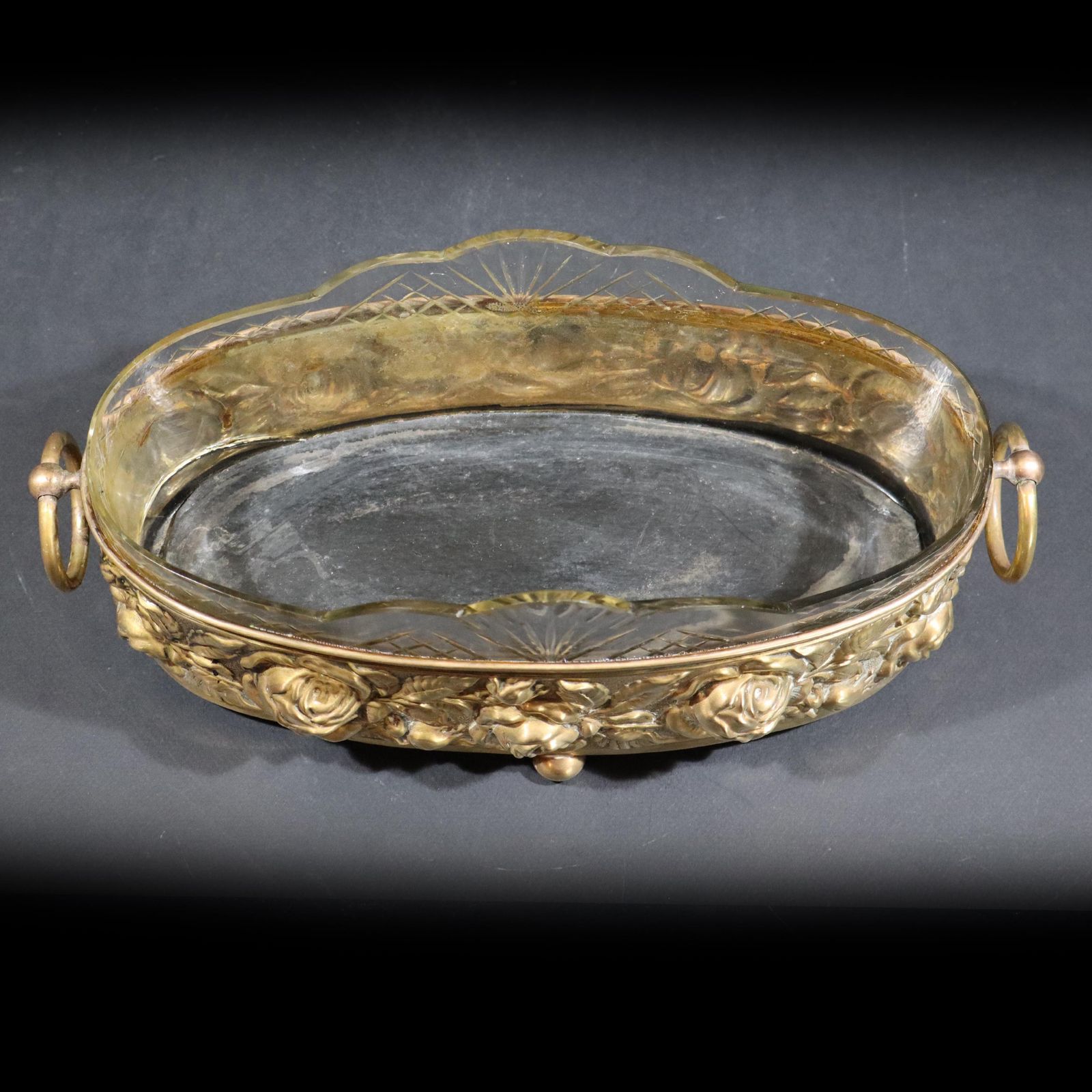 Antique French Brass & Crystal Jardiniere   Elegant Centerpiece Fruit Bowl photo for sale