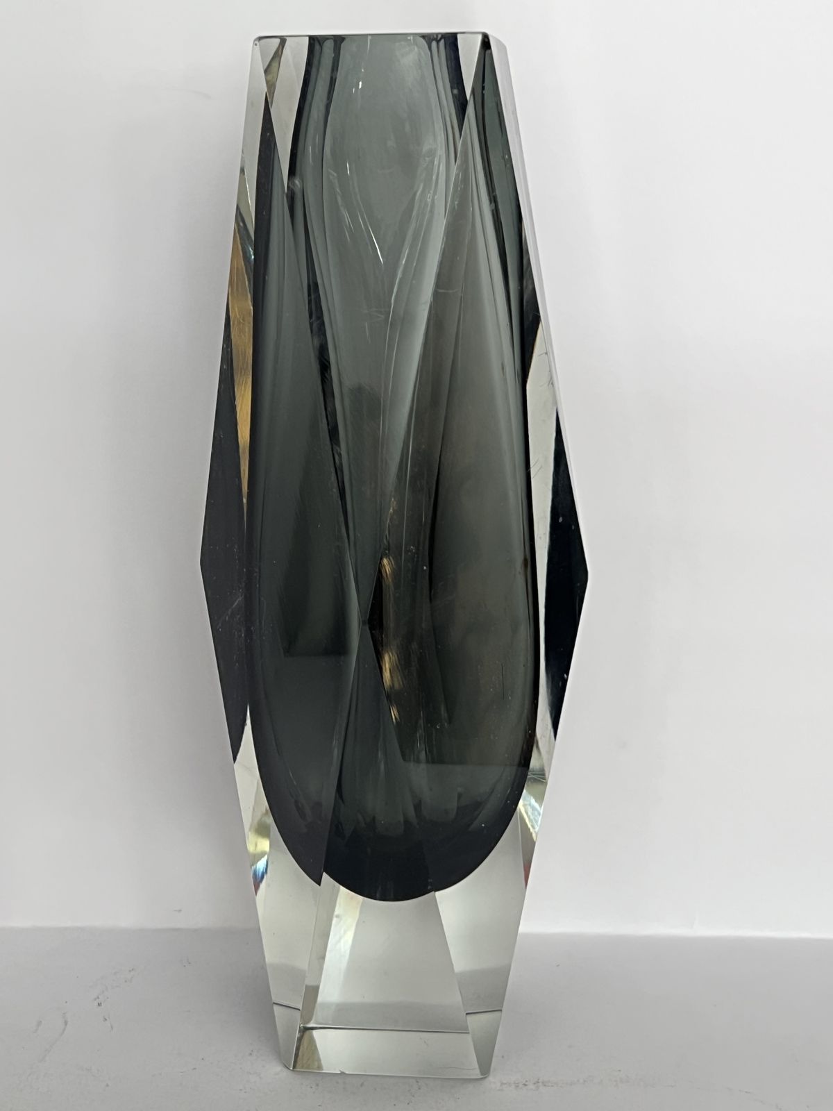 Large Murano Sommerso Faceted Vase, Smoky Grey With Clear, C. 1960s–70s photo for sale