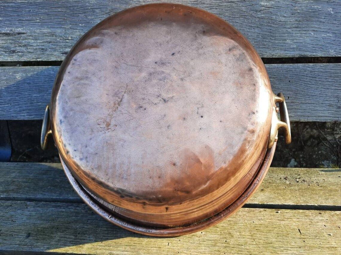Antique Copper Jam Pan: French Confiture Bowl, Bronze Handles (32cm) photo furniture