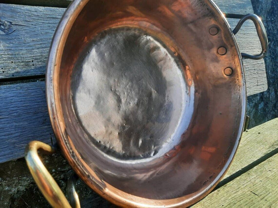 Antique Copper Jam Pan: French Confiture Bowl, Bronze Handles (32cm) photo vintage