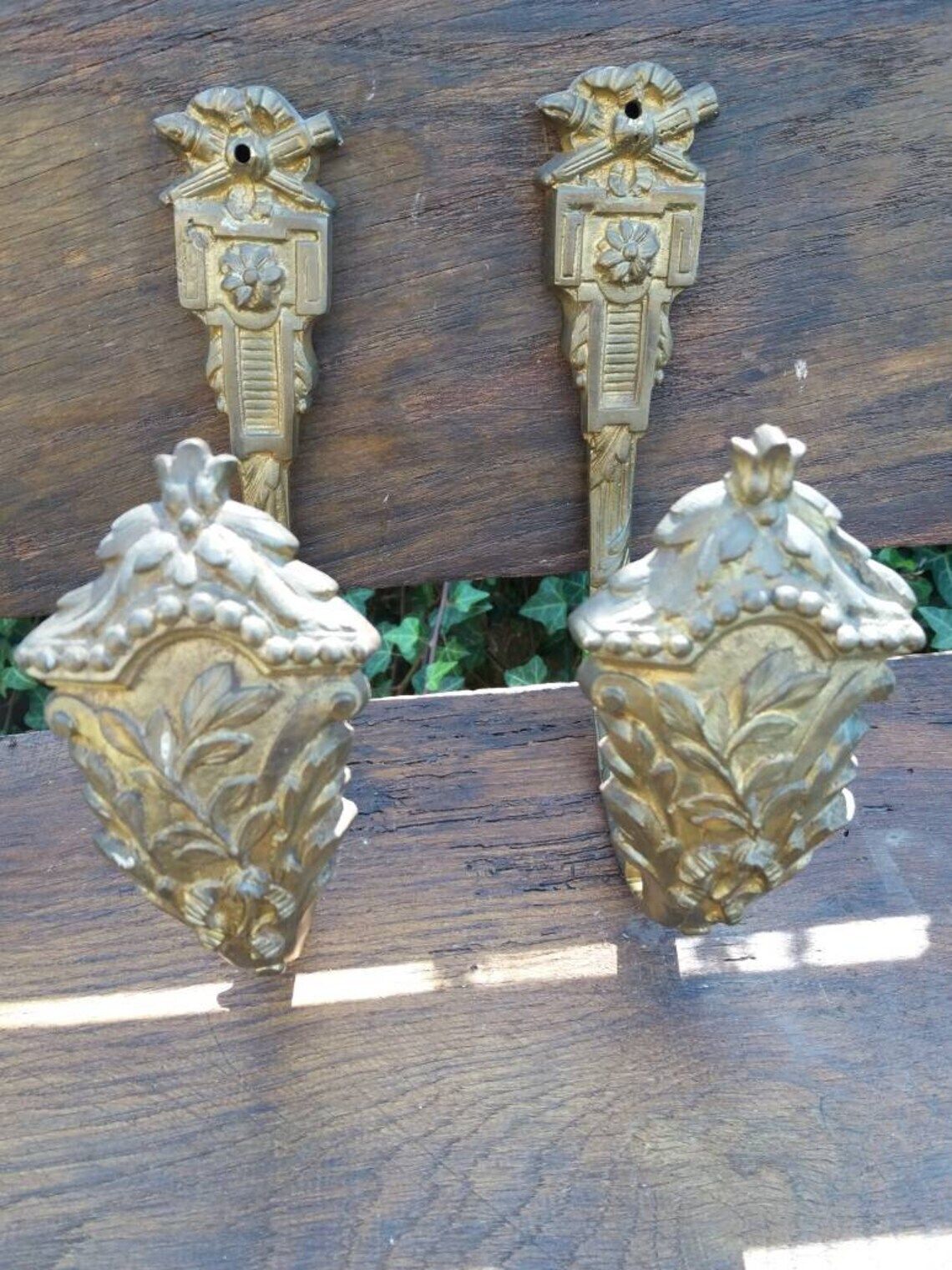 Antique French Ormolu Bronze Curtain Tie Backs: Window Hardware Pair