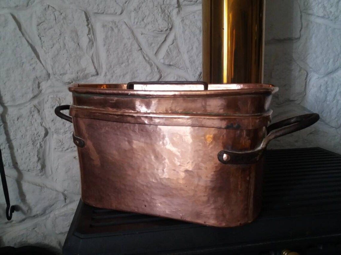 Antique Copper Dutch Oven: French Lidded Daubiere Braising Pot photo furniture