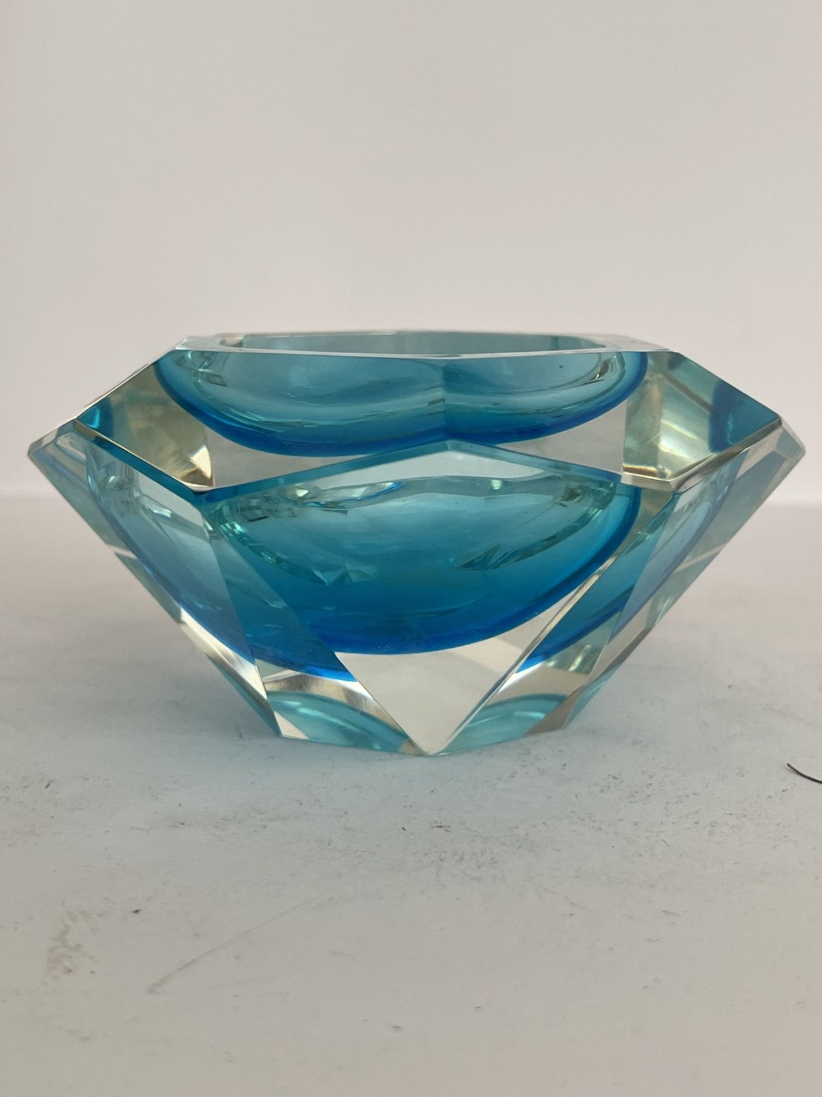 Vintage Gino Fort Vetri Molati Murano Faceted Sommerso “Geode” Bowl — Aqua Blue In Clear, C. 1960s photo for sale